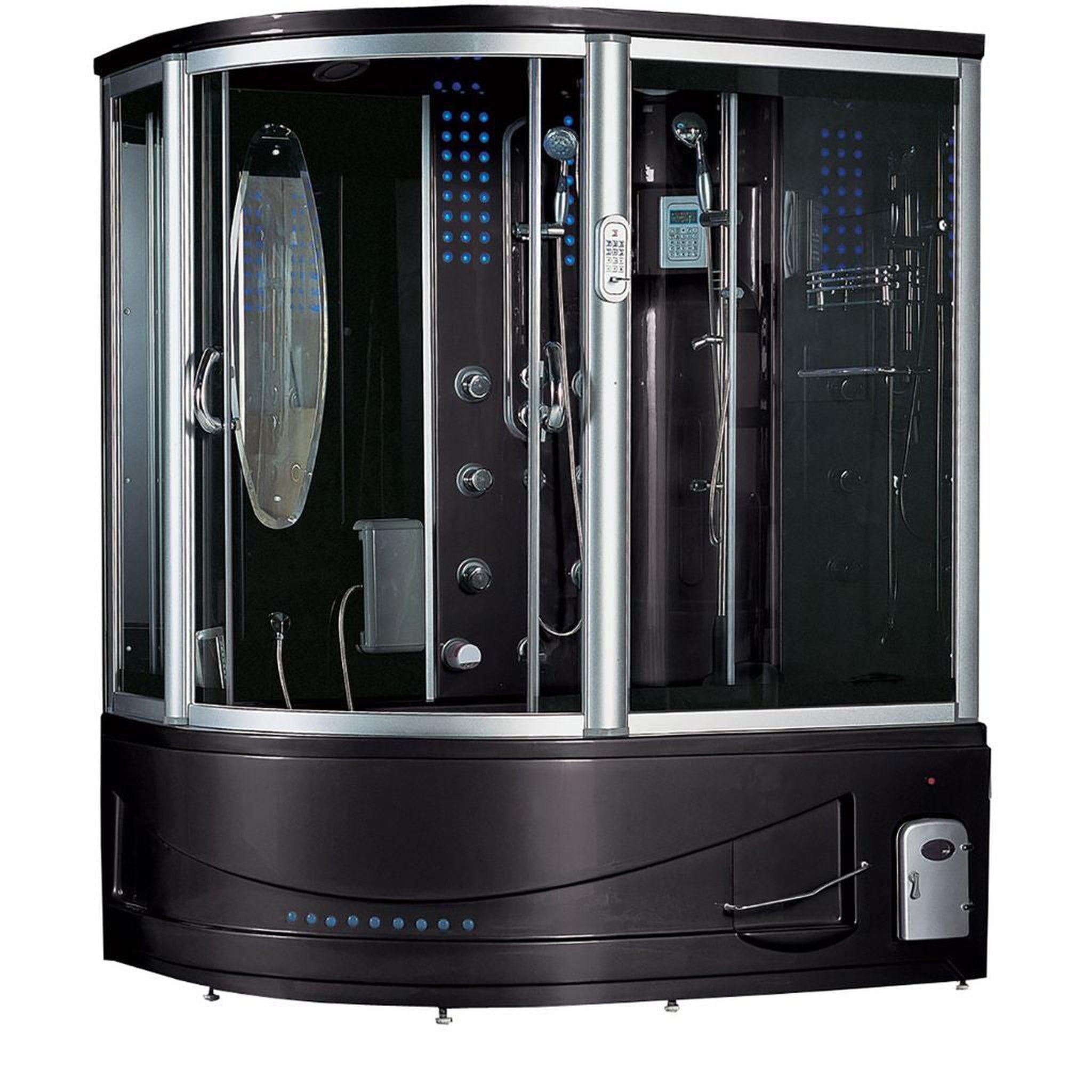 Maya Bath, Maya Bath Siena 67" x 51" x 88" 26-Jet Round Black Computerized Steam Shower Massage Bathtub With Sliding Doors in Right Position