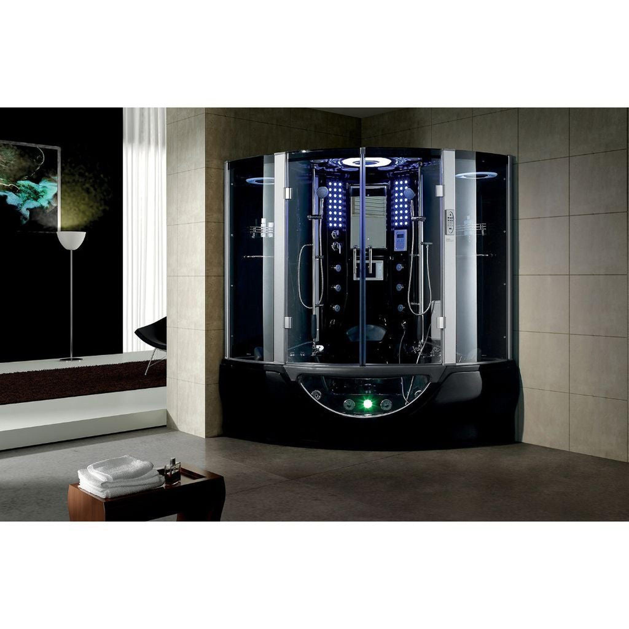 Maya Bath, Maya Bath Valencia 64" x 64" x 88" 26-Jet Round Black Computerized Steam Shower Massage Bathtub With Hinged Doors