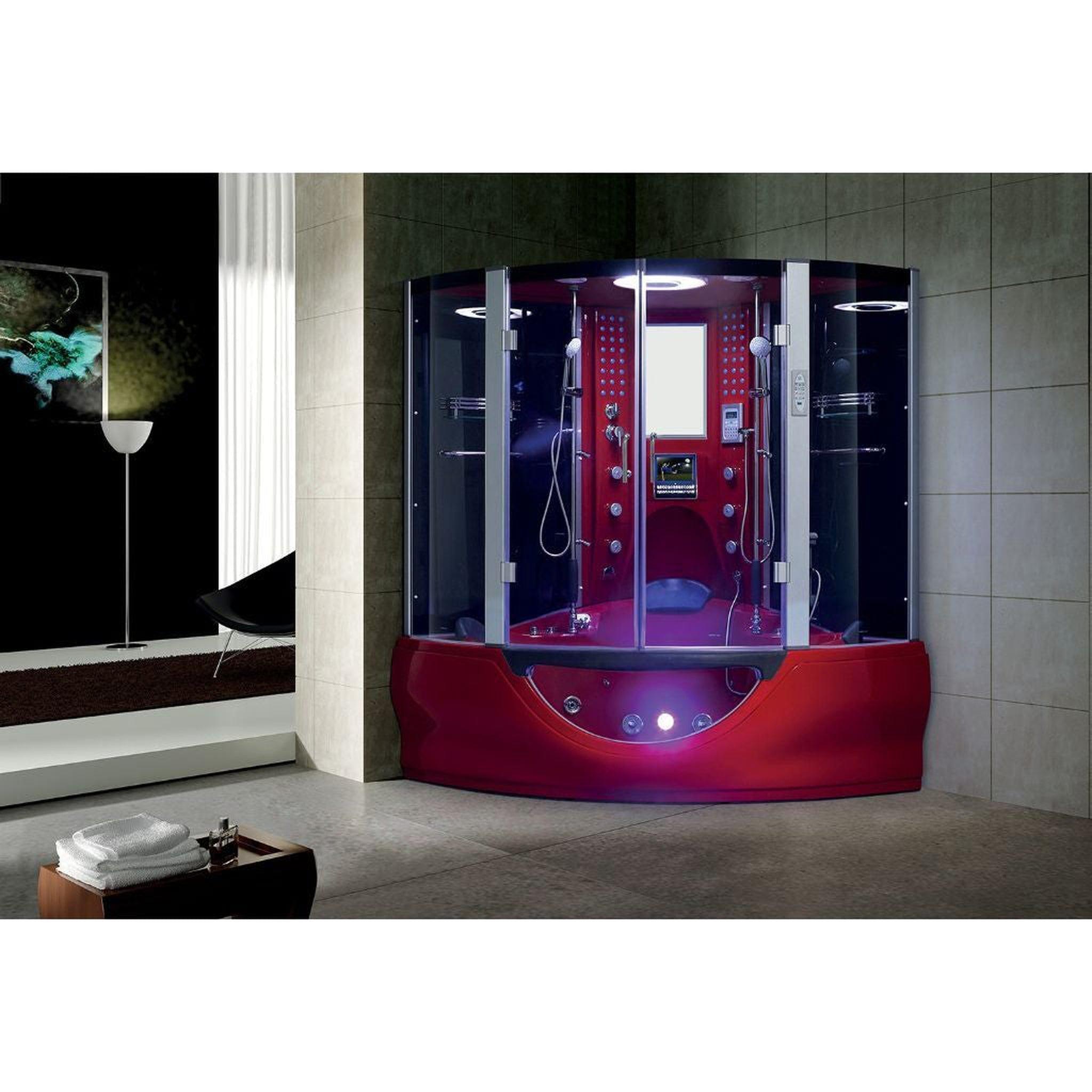 Maya Bath, Maya Bath Valencia 64" x 64" x 88" 26-Jet Round Red Computerized Steam Shower Massage Bathtub With Hinged Doors