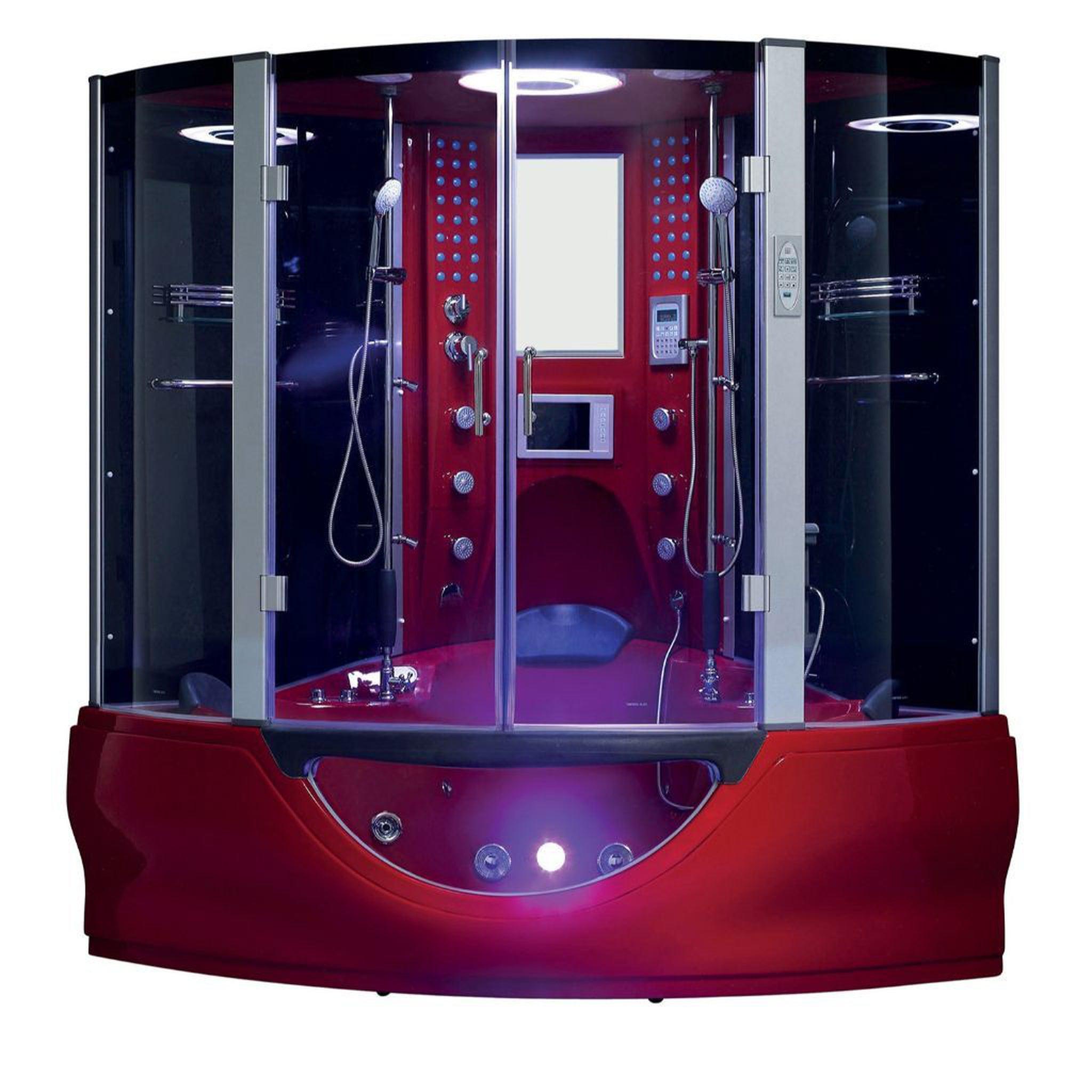 Maya Bath, Maya Bath Valencia 64" x 64" x 88" 26-Jet Round Red Computerized Steam Shower Massage Bathtub With Hinged Doors