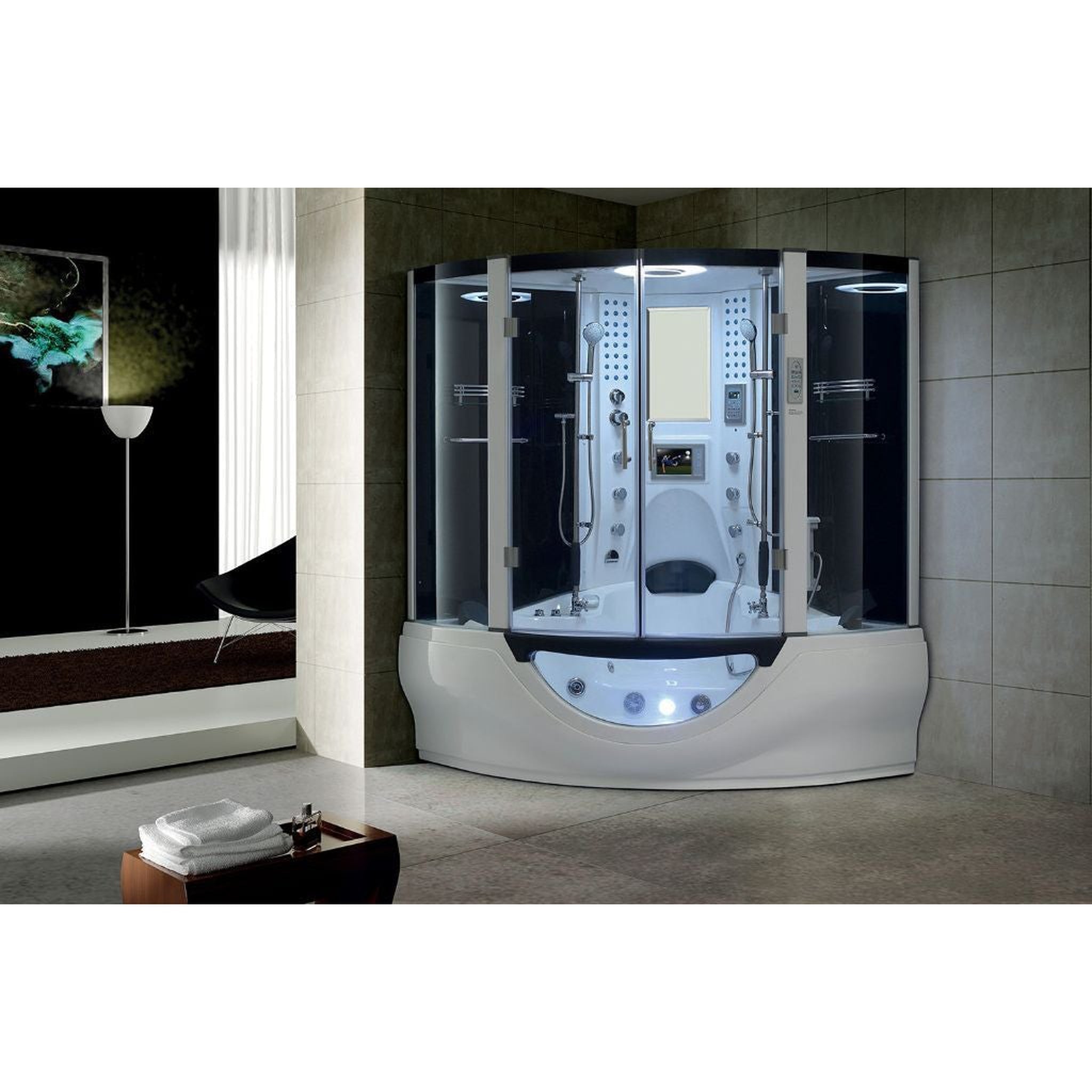 Maya Bath, Maya Bath Valencia 64" x 64" x 88" 26-Jet Round White Computerized Steam Shower Massage Bathtub With Hinged Doors