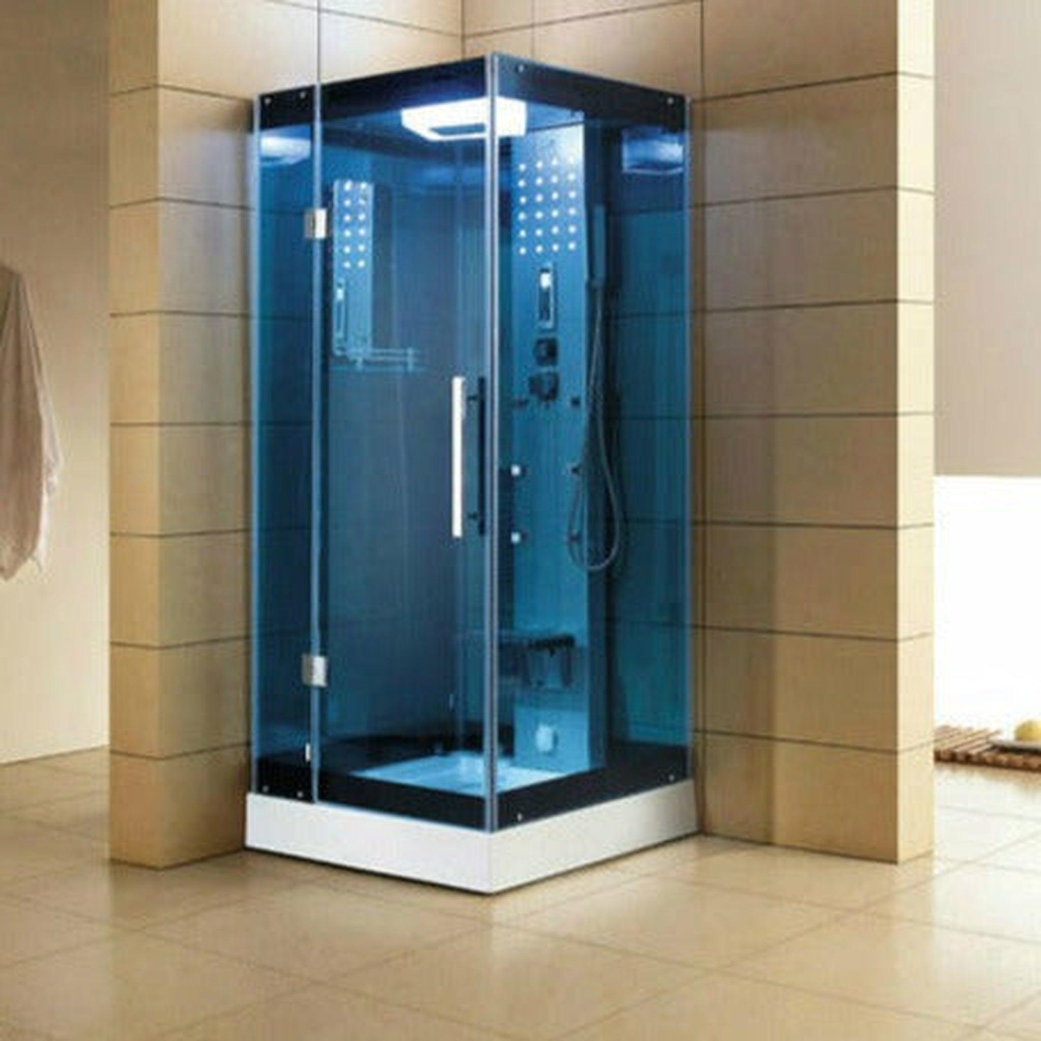 Mesa, Mesa 32" x 32" x 85" Blue Tempered Glass Freestanding Walk In Steam Shower With 3kW Steam Generator, 6 Acupuncture Water Body Jets and Ozone Sterilization System