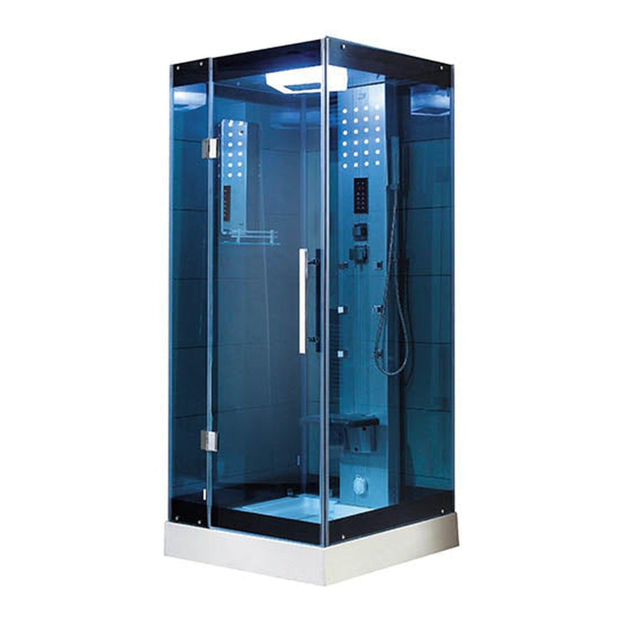 Mesa, Mesa 32" x 32" x 85" Blue Tempered Glass Freestanding Walk In Steam Shower With 3kW Steam Generator, 6 Acupuncture Water Body Jets and Ozone Sterilization System