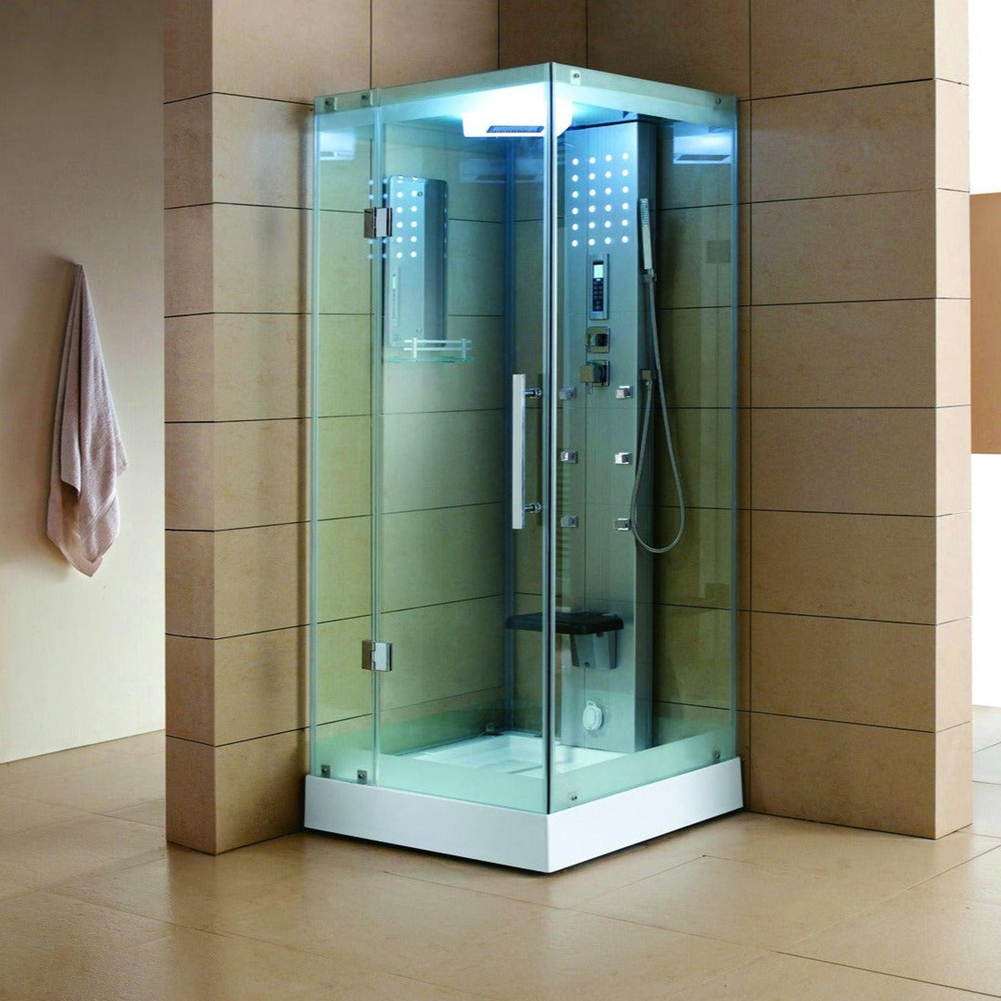 Mesa, Mesa 32" x 32" x 85" Clear Temparded Glass Freestanding Walk In Steam Shower With 3kW Steam Generator, 6 Acupuncture Water Body Jets and Ozone Sterilization System