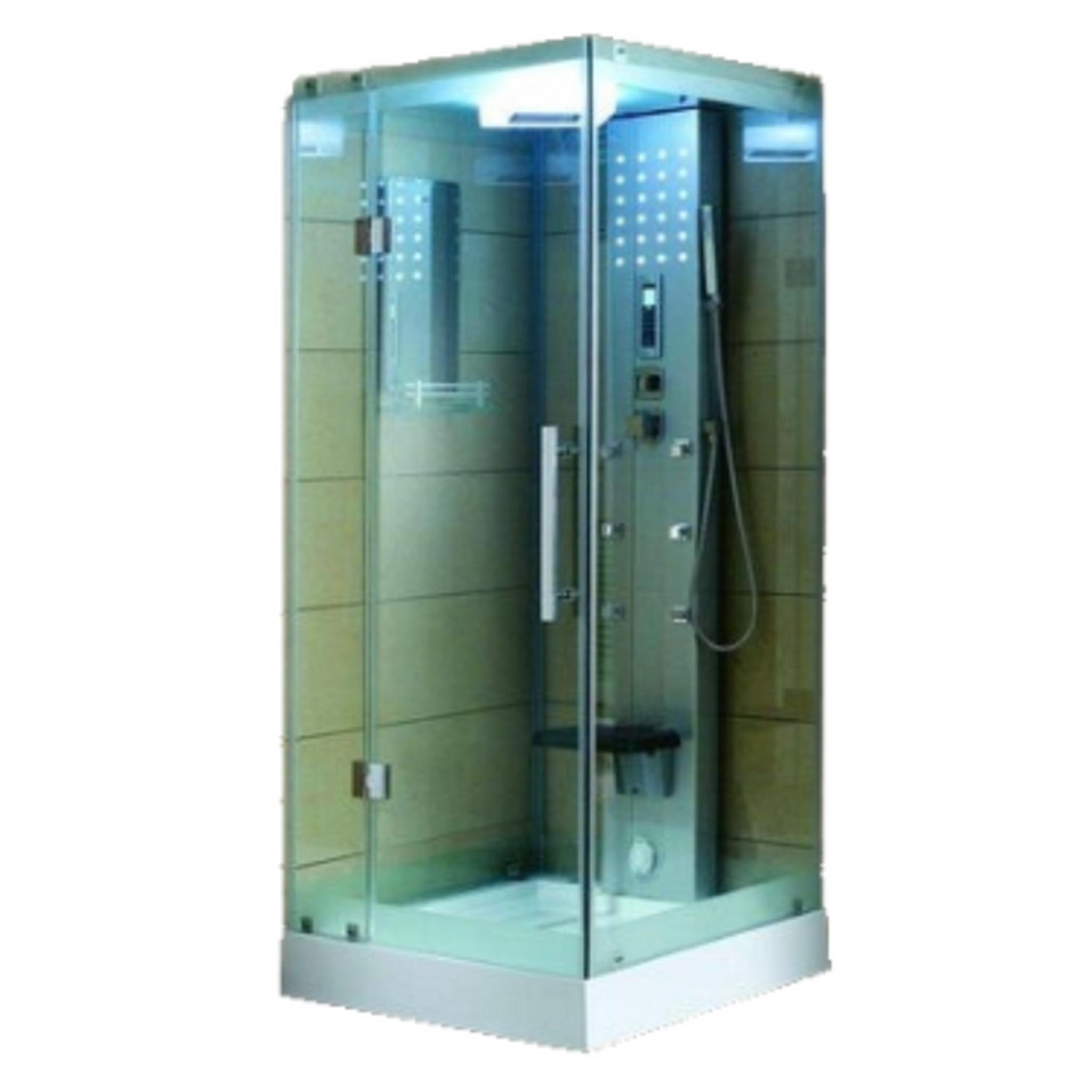 Mesa, Mesa 32" x 32" x 85" Clear Temparded Glass Freestanding Walk In Steam Shower With 3kW Steam Generator, 6 Acupuncture Water Body Jets and Ozone Sterilization System