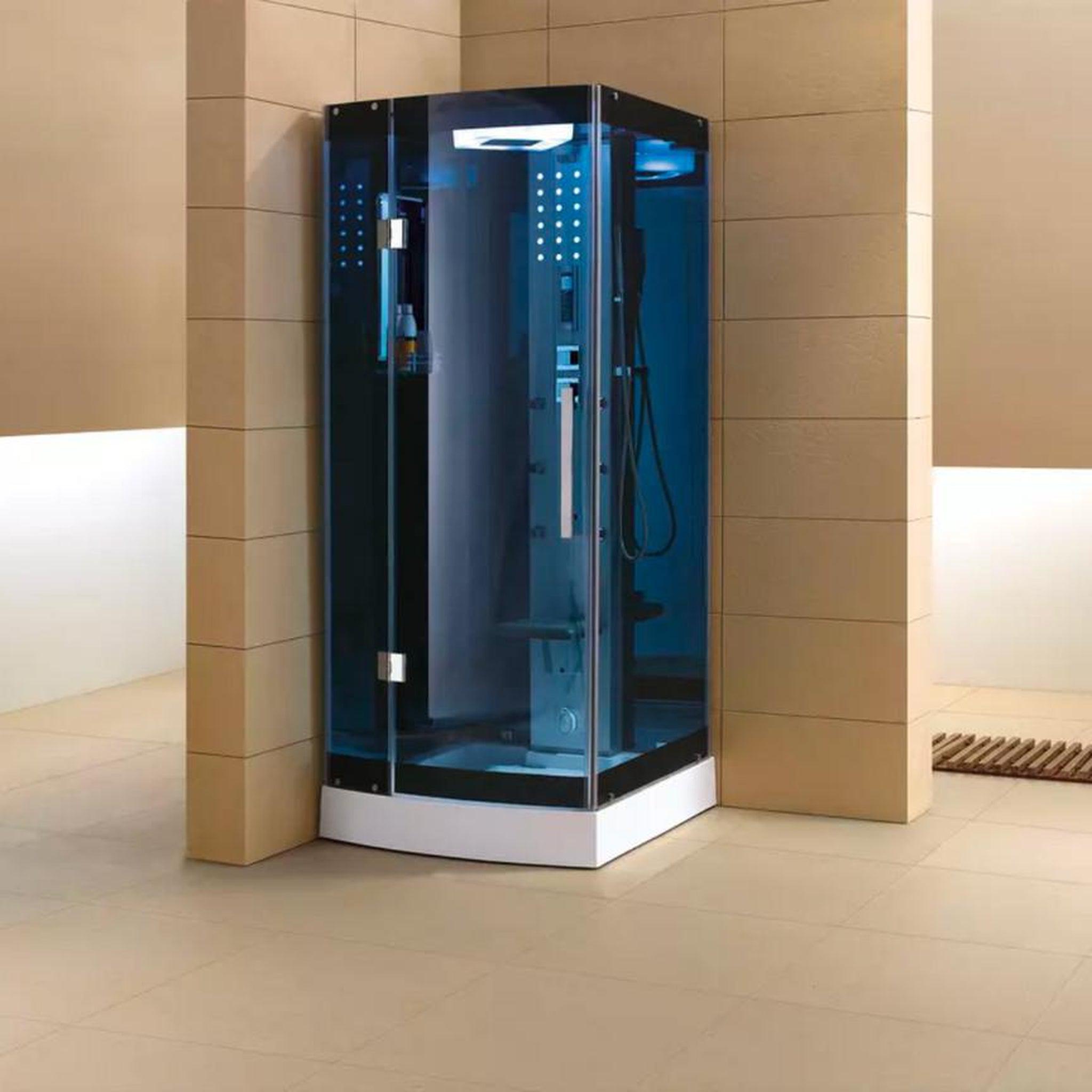 Mesa, Mesa 36" x 36" x 85" Blue Tempered Glass Freestanding Walk In Steam Shower With 3kW Steam Generator, 6 Acupuncture Water Body Jets and Ozone Sterilization System