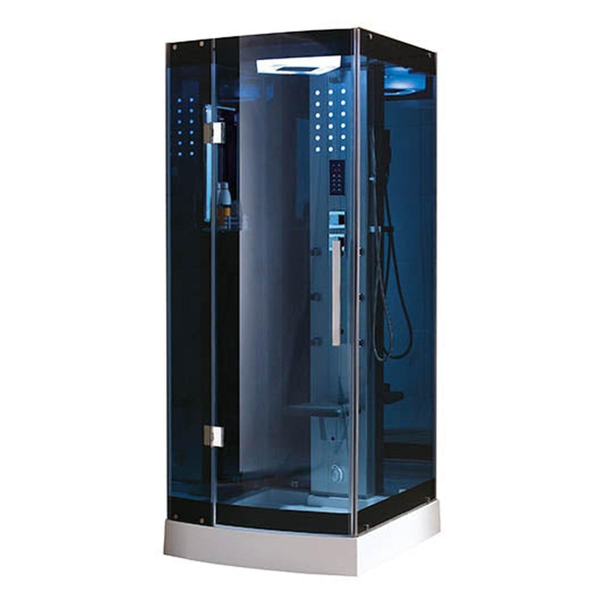 Mesa, Mesa 36" x 36" x 85" Blue Tempered Glass Freestanding Walk In Steam Shower With 3kW Steam Generator, 6 Acupuncture Water Body Jets and Ozone Sterilization System