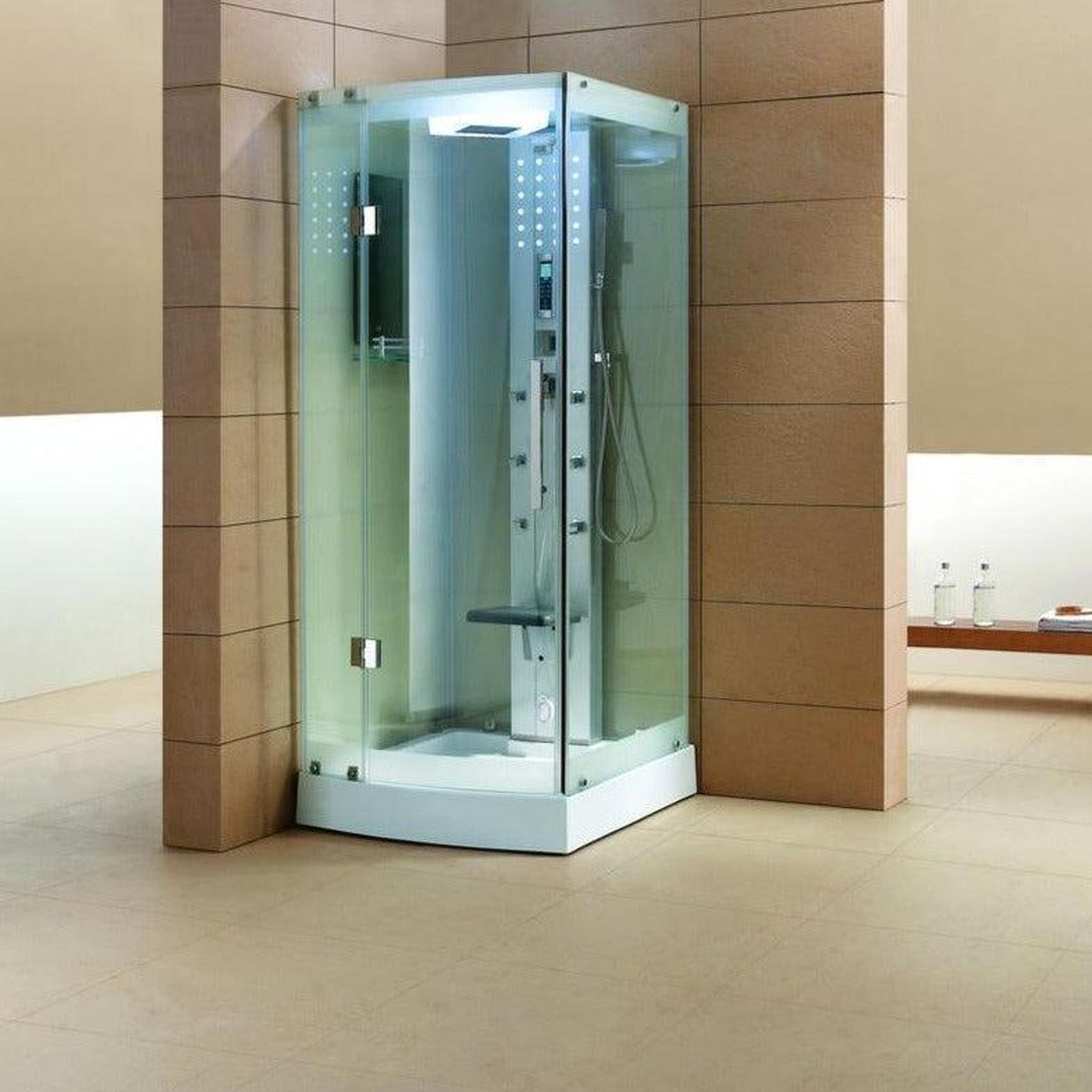 Mesa, Mesa 36" x 36" x 85" Clear Tempered Glass Freestanding Walk In Steam Shower With 3kW Steam Engine, 6 Acupuncture Water Body Jets and Ozone Sterilization System