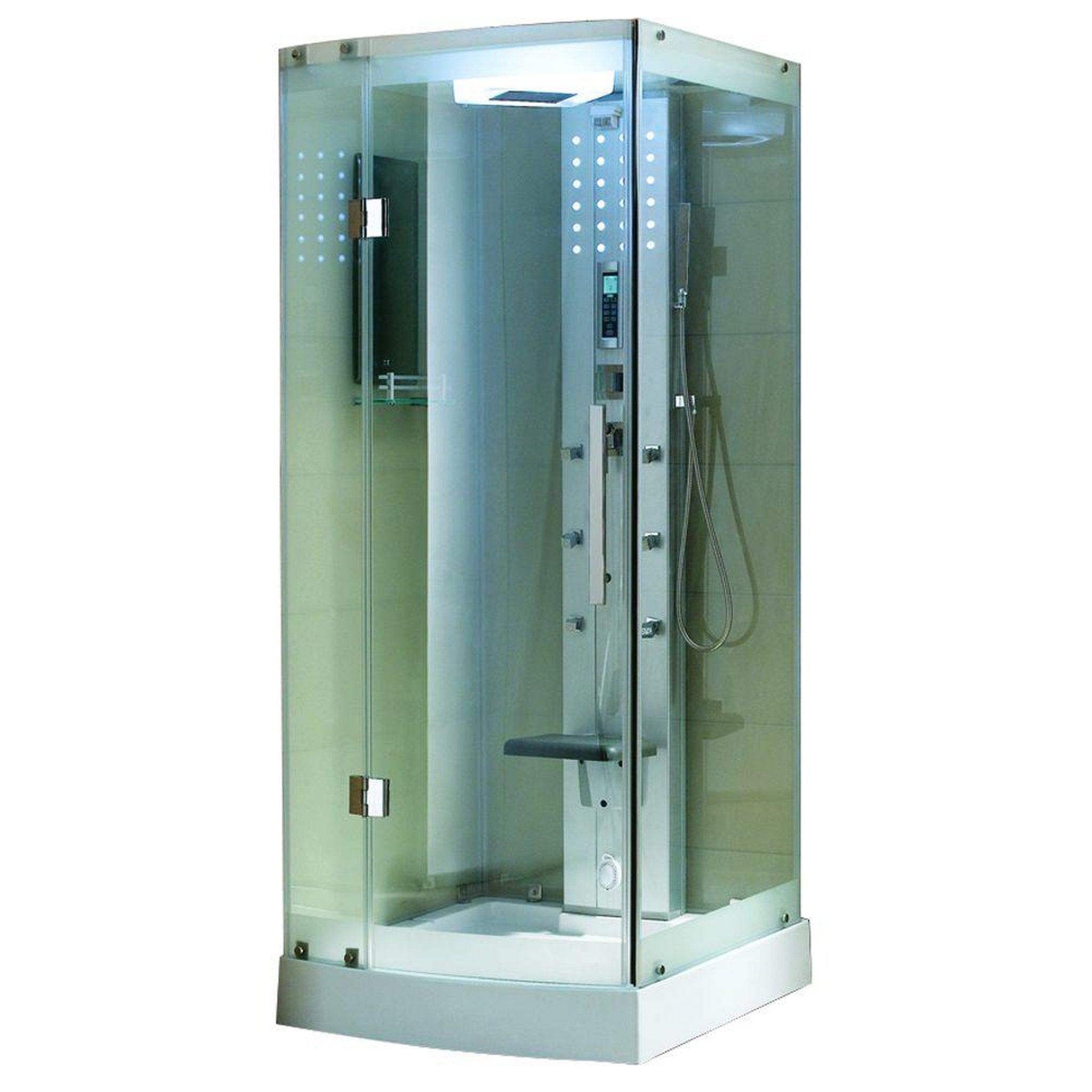 Mesa, Mesa 36" x 36" x 85" Clear Tempered Glass Freestanding Walk In Steam Shower With 3kW Steam Engine, 6 Acupuncture Water Body Jets and Ozone Sterilization System