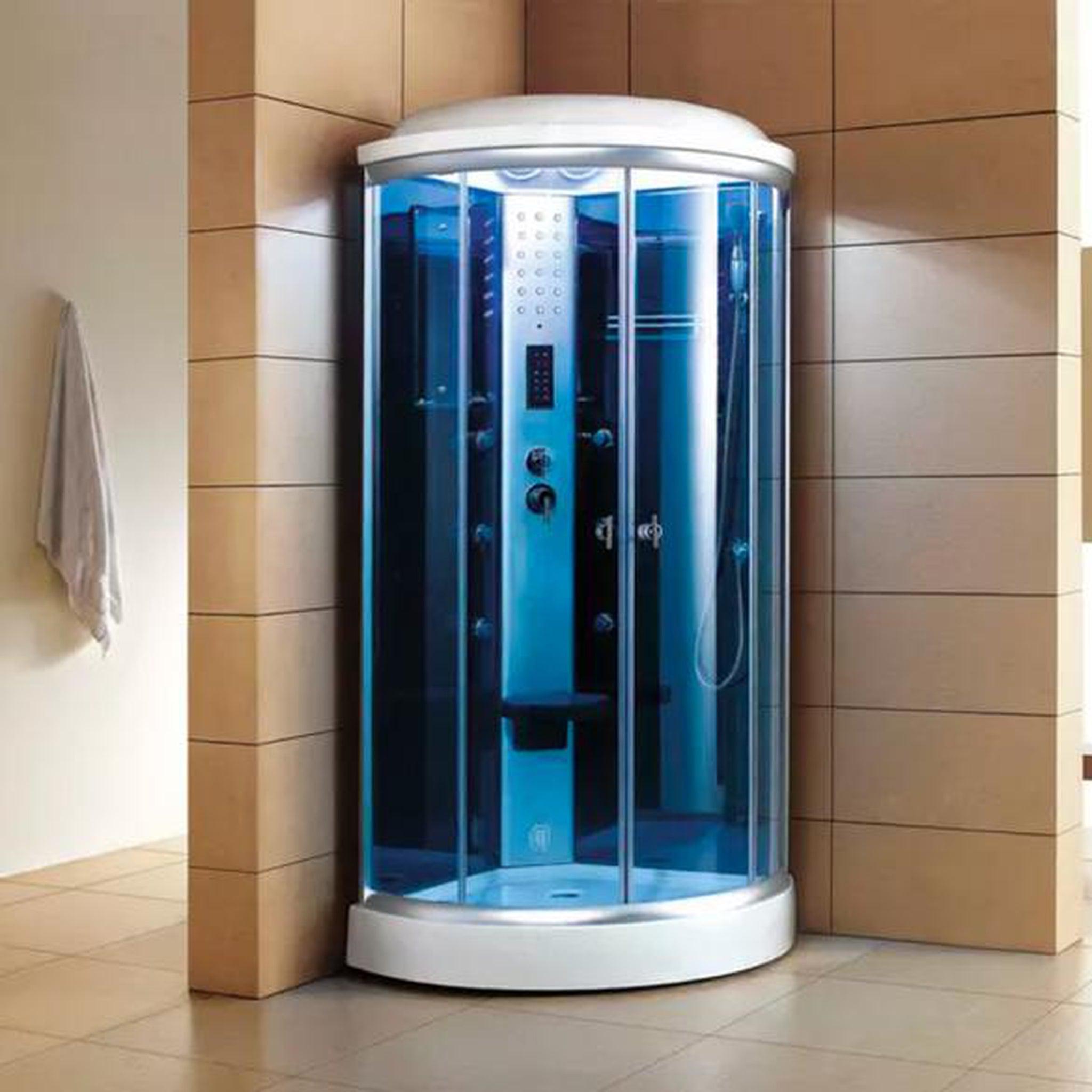 Mesa, Mesa 36" x 36" x 85" Round Blue Tempered Glass Corner Steam Shower With 3kW Steam Generator, 6 Acupuncture Water Body Jets and Ozone Sterilization System