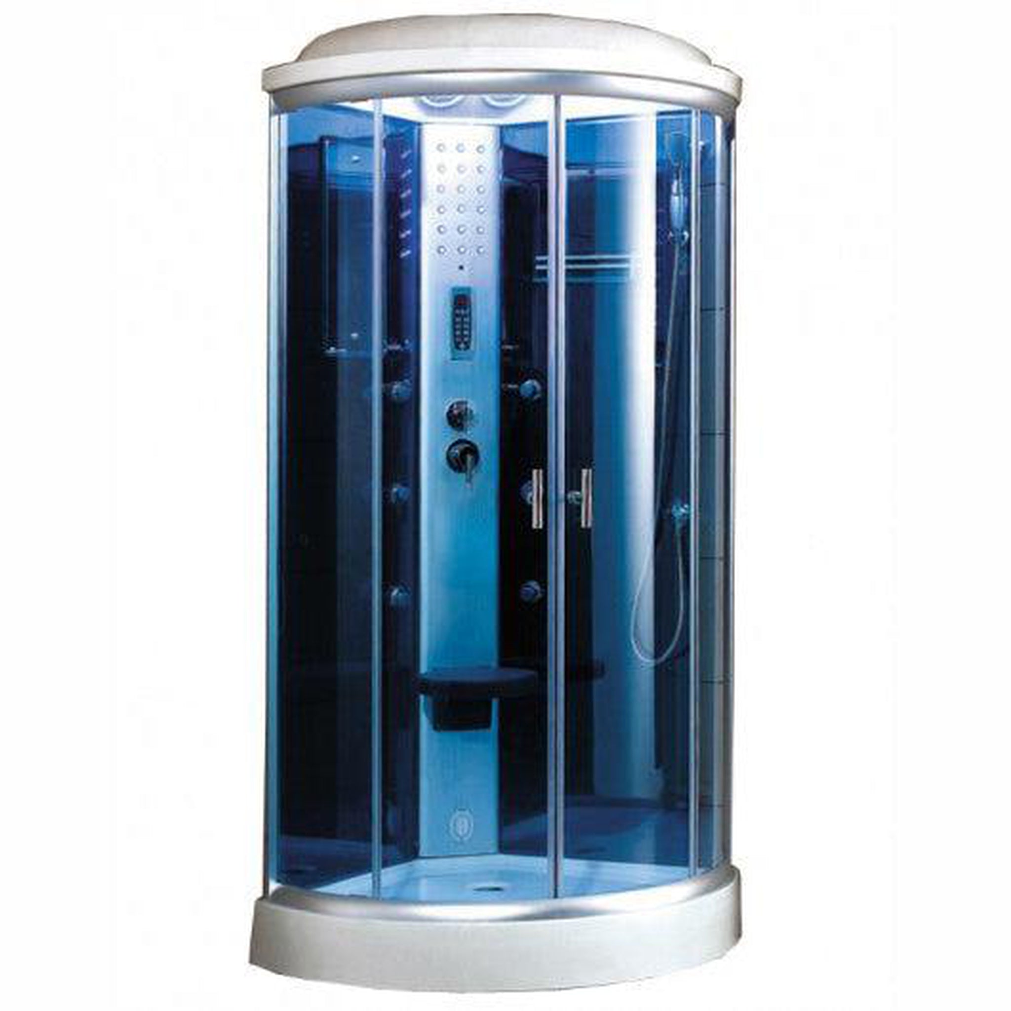 Mesa, Mesa 36" x 36" x 85" Round Blue Tempered Glass Corner Steam Shower With 3kW Steam Generator, 6 Acupuncture Water Body Jets and Ozone Sterilization System