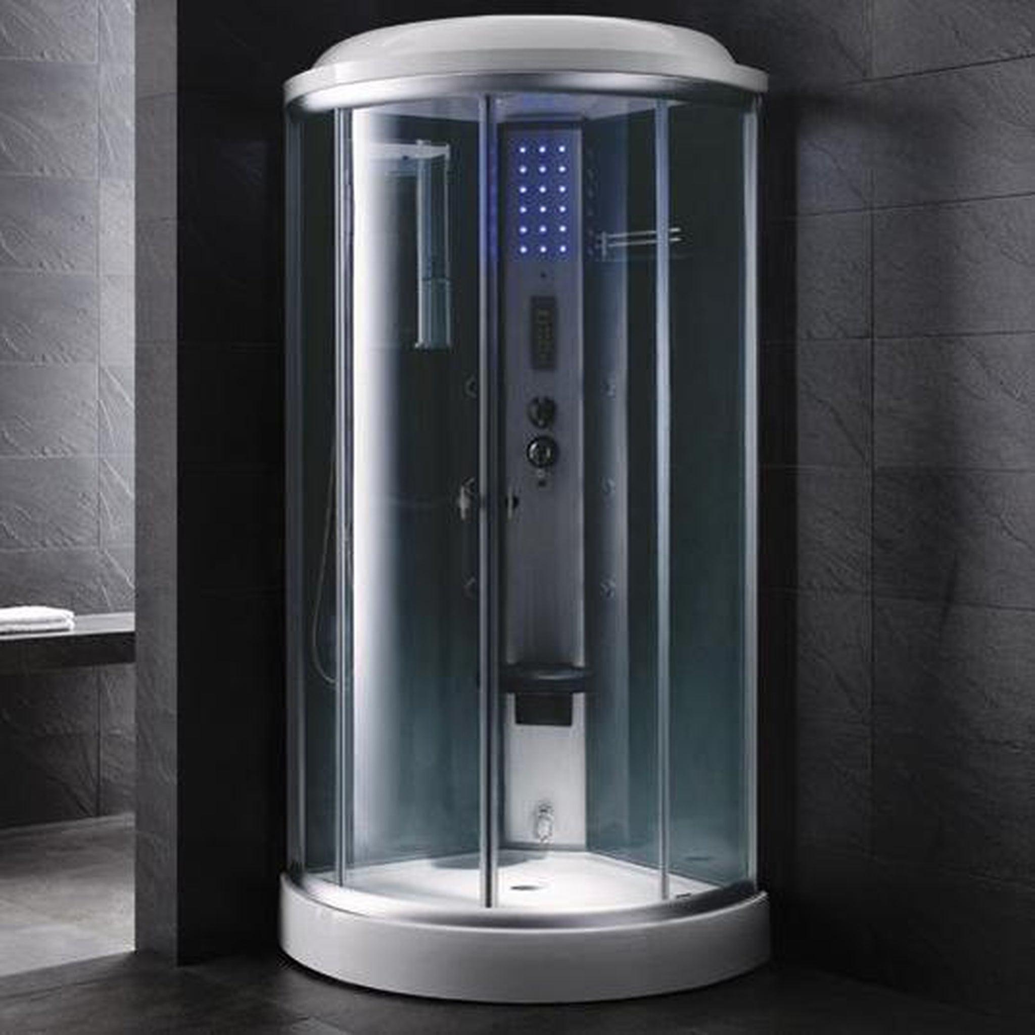 Mesa, Mesa 36" x 36" x 85" Round Clear Tempered Glass Corner Steam Shower With 3kW Steam Generator, 6 Body Massage Jets and Ozone Sterilization System