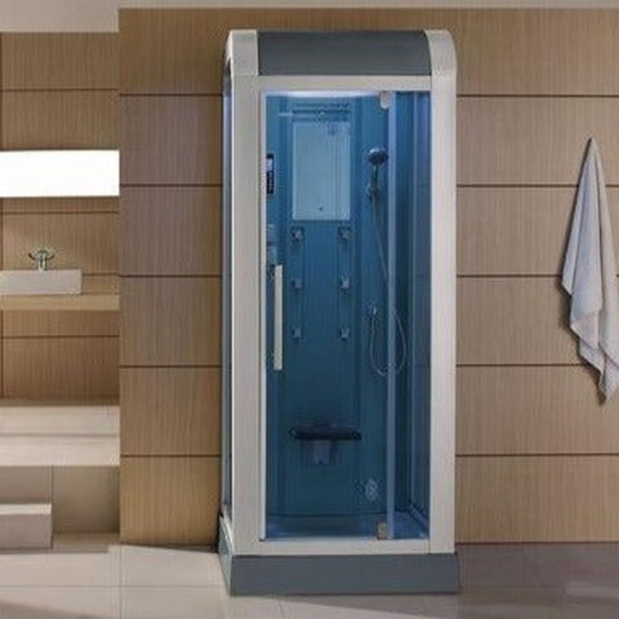 Mesa, Mesa 36" x 36" x 89" Blue Tempered Glass Freestanding Walk In Steam Shower With Enclosed Top, 3kW Steam Generator, 6 Acupuncture Water Body Jets and Ozone Sterilization System