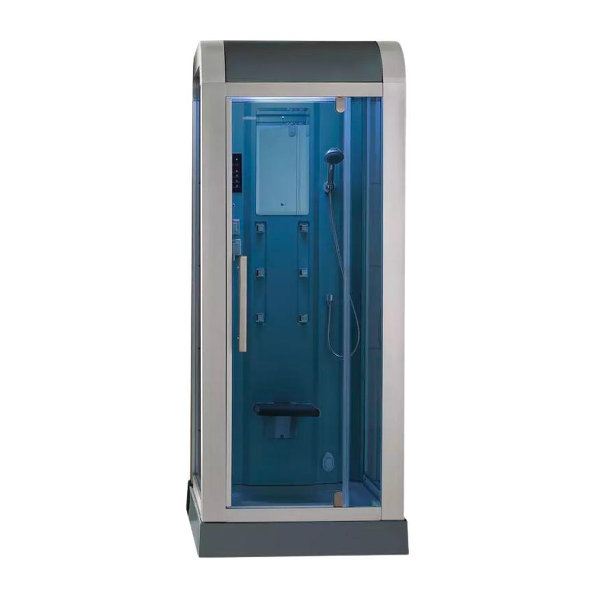 Mesa, Mesa 36" x 36" x 89" Blue Tempered Glass Freestanding Walk In Steam Shower With Enclosed Top, 3kW Steam Generator, 6 Acupuncture Water Body Jets and Ozone Sterilization System