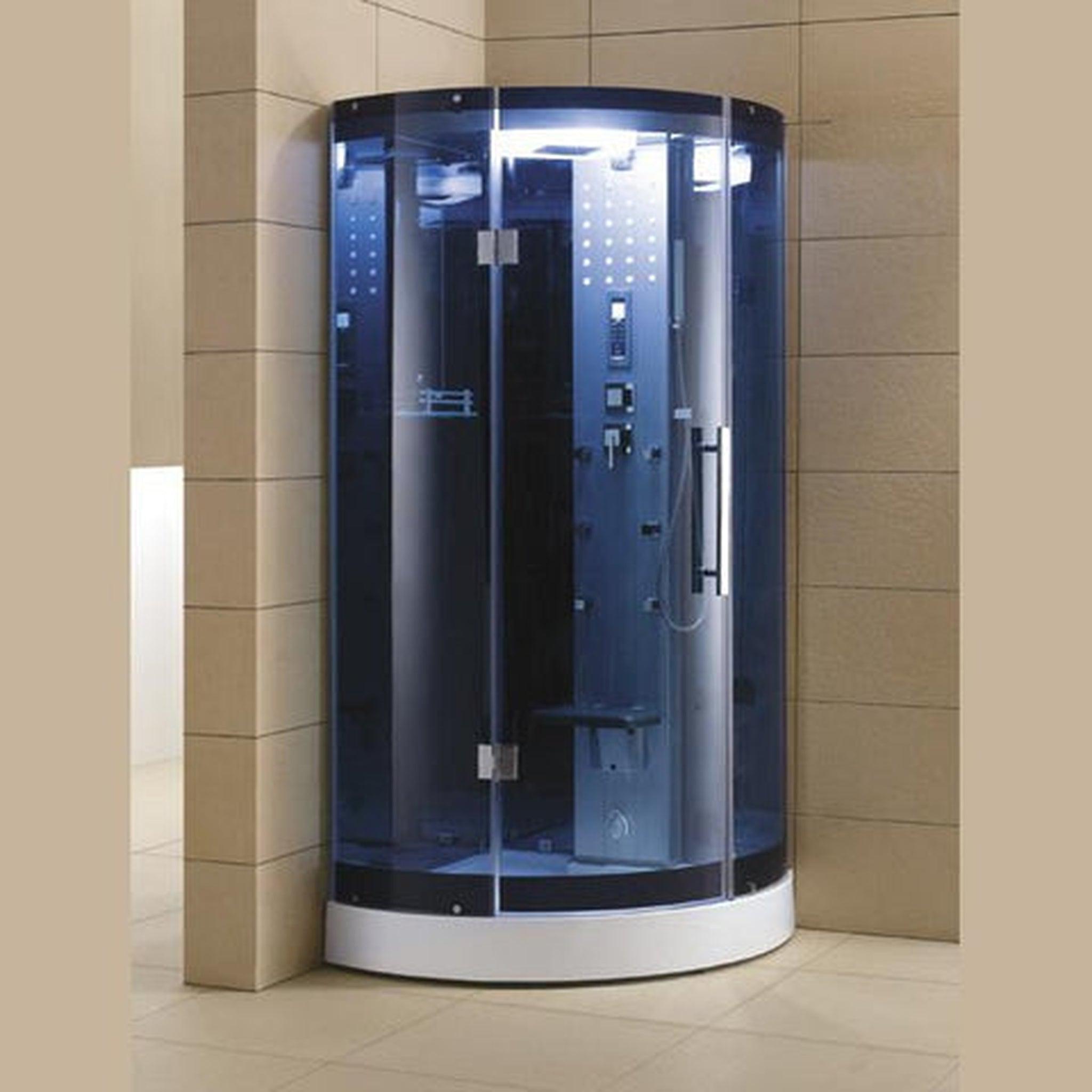 Mesa, Mesa 38" x 38" x 85" Blue Tempered Glass Corner Steam Shower With 3kW Steam Generator, 6 Acupuncture Water Body Jets and Ozone Sterilization System