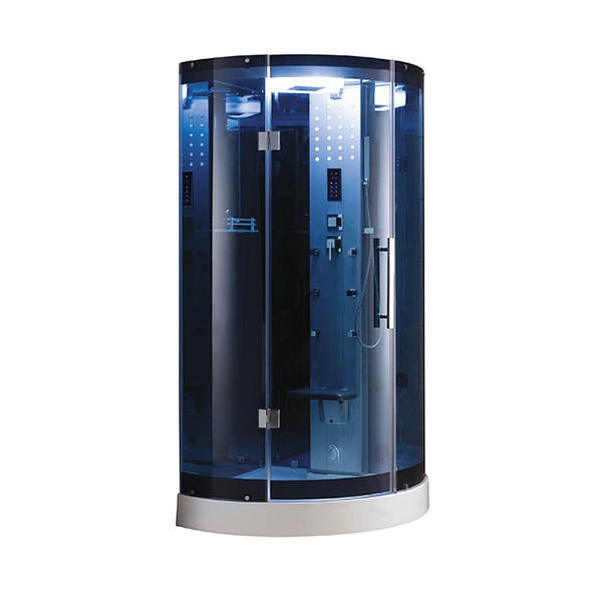 Mesa, Mesa 38" x 38" x 85" Blue Tempered Glass Corner Steam Shower With 3kW Steam Generator, 6 Acupuncture Water Body Jets and Ozone Sterilization System