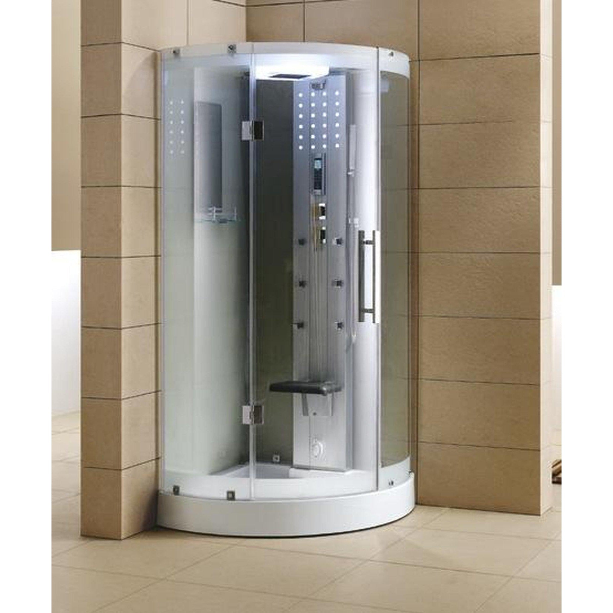 Mesa, Mesa 38" x 38" x 85" Clear Tempered Glass Corner Steam Shower With 3kW Steam Generator, 6 Acupuncture Water Body Jets and Ozone Sterilization System