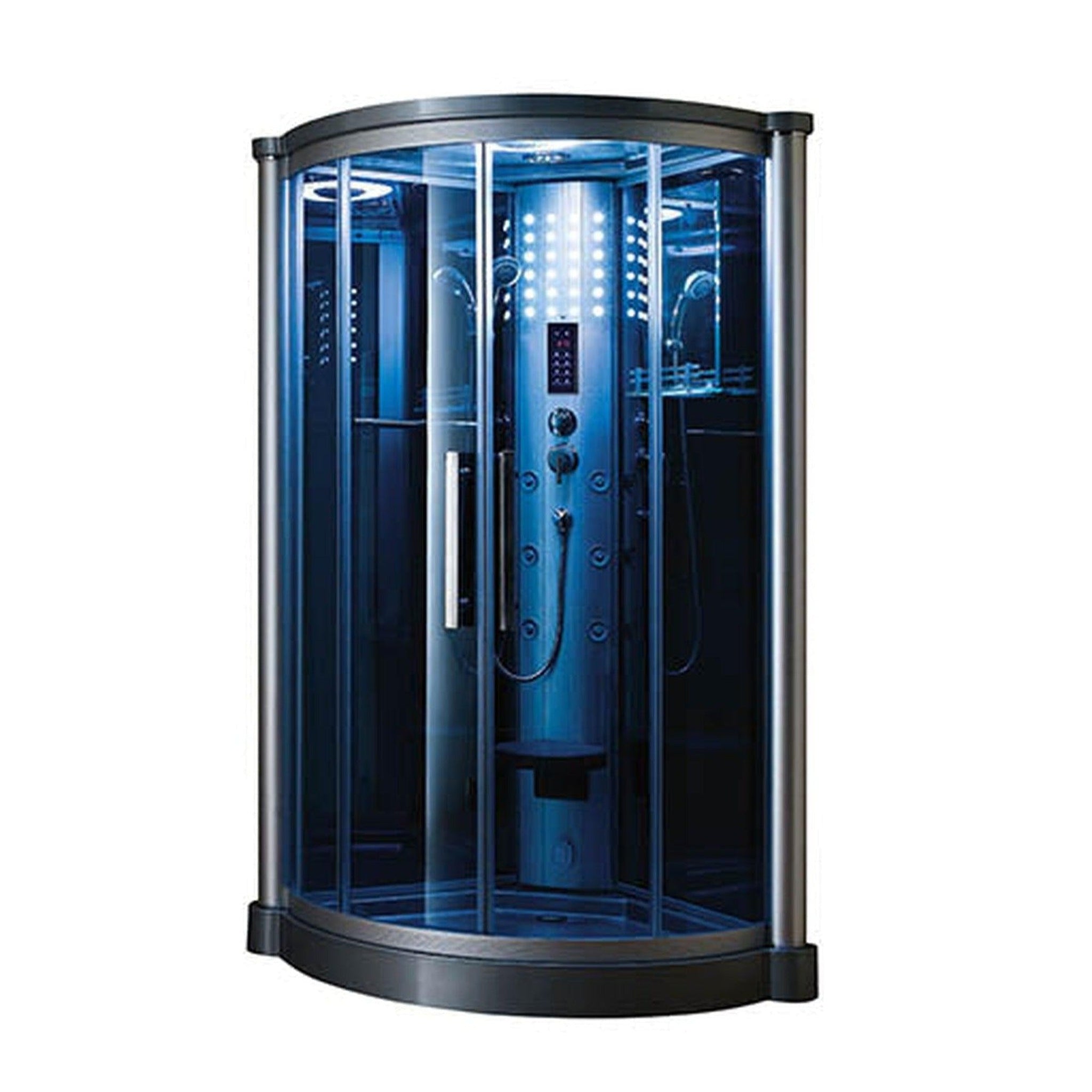 Mesa, Mesa 42" x 42" x 85" Blue Tempered Glass Corner Steam Shower With 3kW Steam Generator, 6 Acupuncture Water Body Jets and Ozone Sterilization System