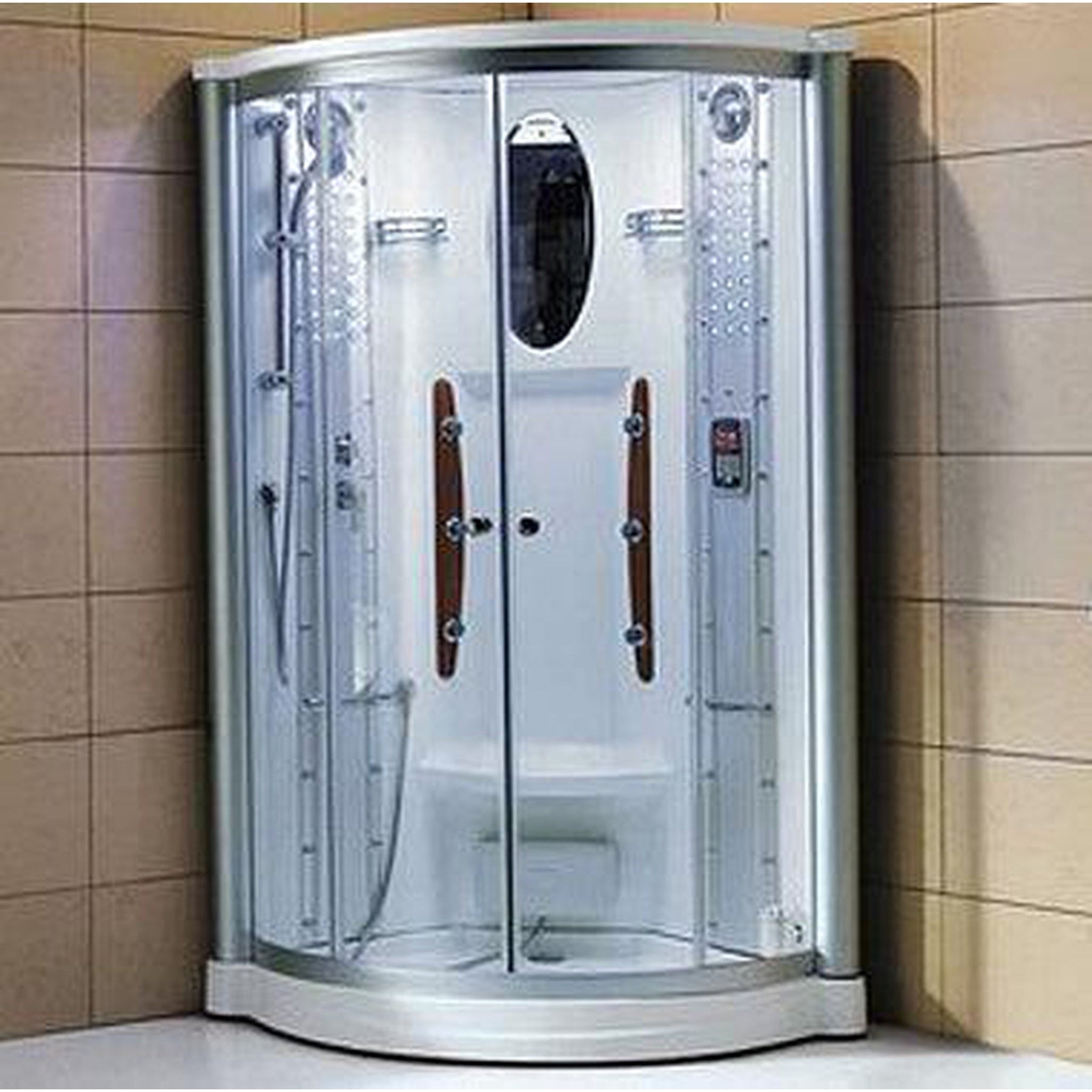 Mesa, Mesa 42" x 42" x 85" Clear Tempered Glass Corner Steam Shower With 3kW Steam Generator, 6 Acupuncture Water Body Jets and Ozone Sterilization System