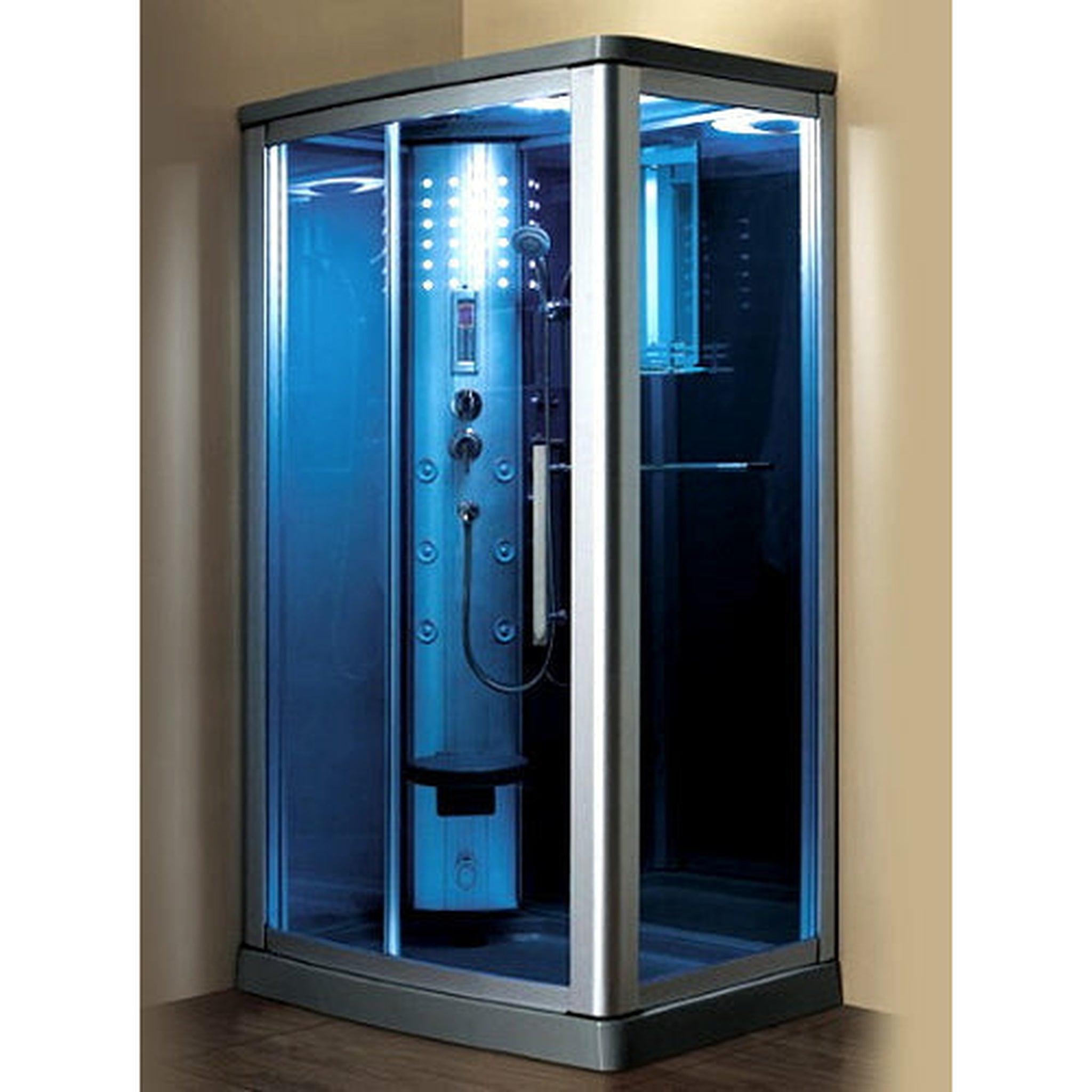 Mesa, Mesa 45" x 35" x 85" Blue Tempered Glass Freestanding Walk In Steam Shower With Left-Hand Control Panel Configuration, 3kW Steam Generator and 6 Acupuncture Water Body Jets