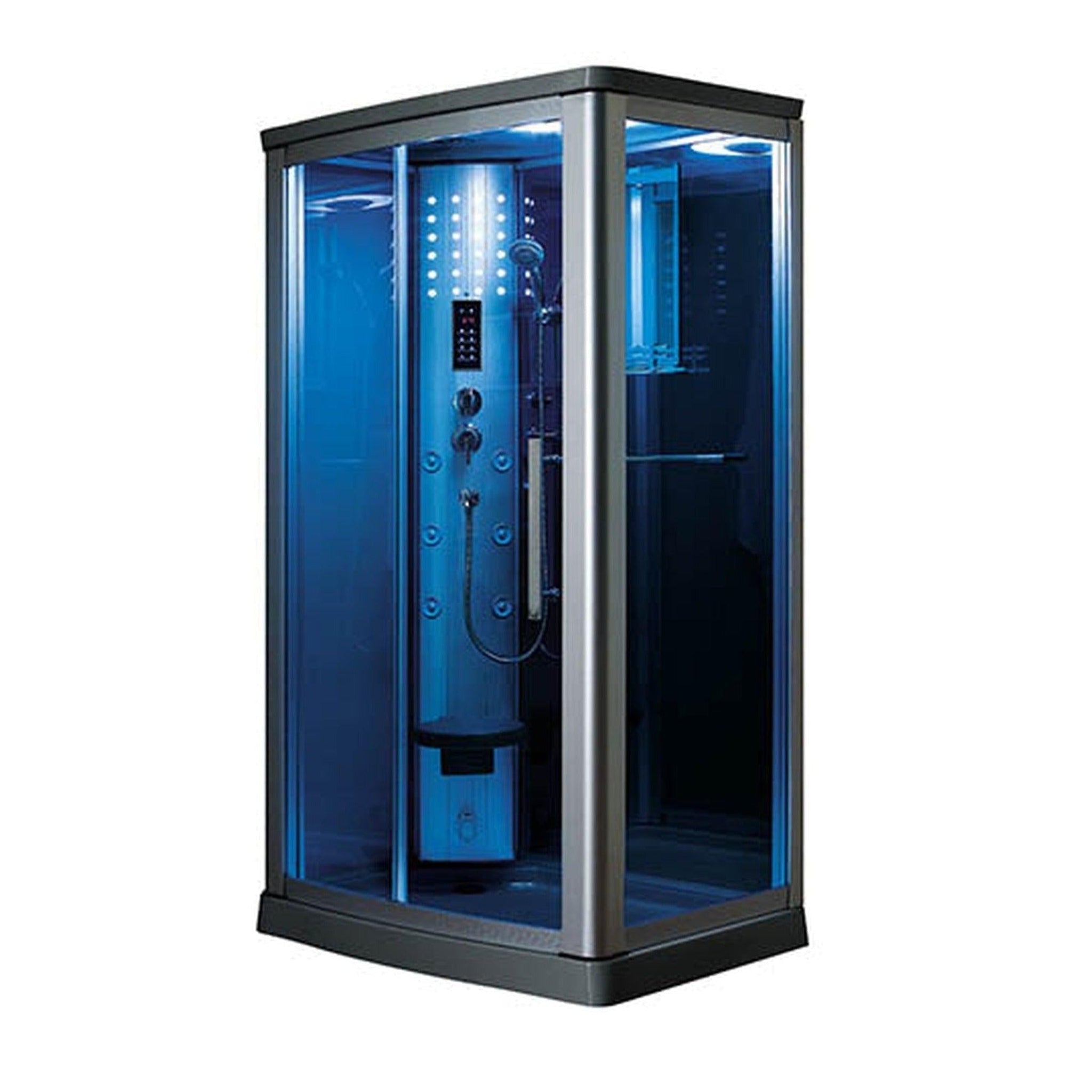 Mesa, Mesa 45" x 35" x 85" Blue Tempered Glass Freestanding Walk In Steam Shower With Left-Hand Control Panel Configuration, 3kW Steam Generator and 6 Acupuncture Water Body Jets