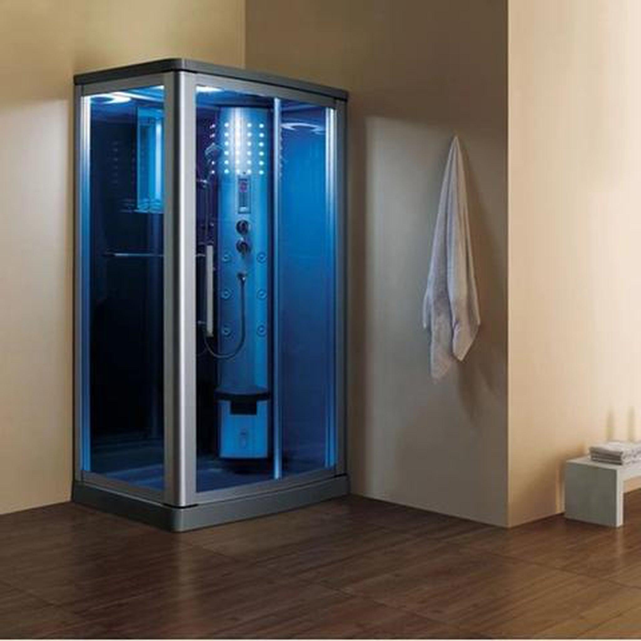 Mesa, Mesa 45" x 35" x 85" Blue Tempered Glass Freestanding Walk In Steam Shower With Right-Hand Control Panel Configuration, 3kW Steam Generator and 6-Acupuncture Water Body Jets