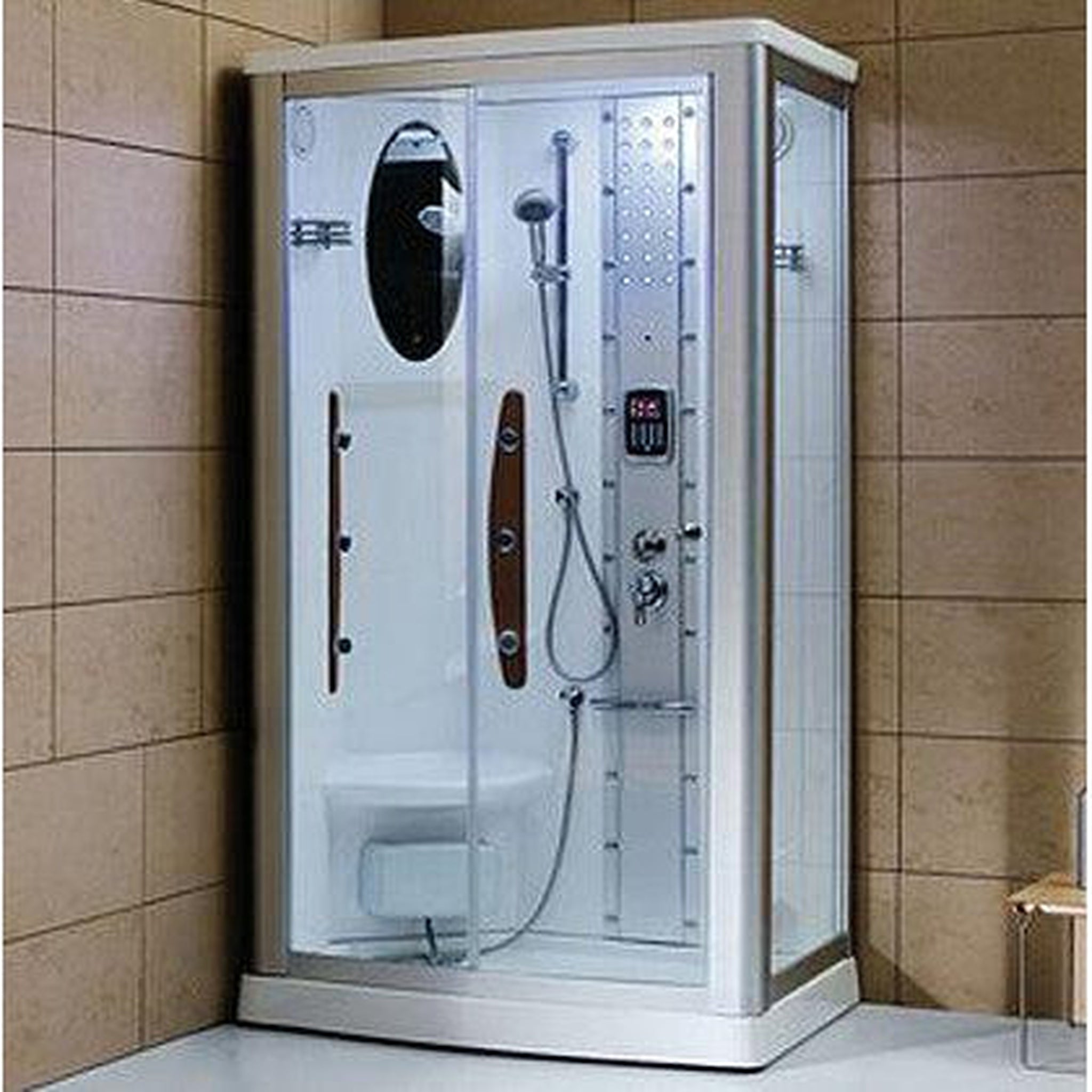 Mesa, Mesa 45" x 35" x 85" Clear Tempered Glass Freestanding Walk In Clear Steam Shower With Left-Hand Control Panel Configuration, 3kW Steam Generator and 6-Acupuncture Water Body Jets