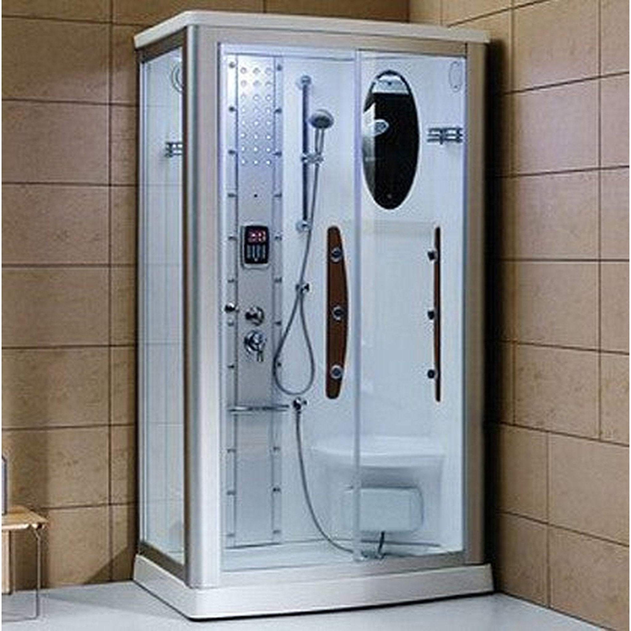 Mesa, Mesa 45" x 35" x 85" Clear Tempered Glass Freestanding Walk In Steam Shower With Right-Hand Control Panel Configuration, 3kW Steam Generator and 6-Acupuncture Water Body Jets