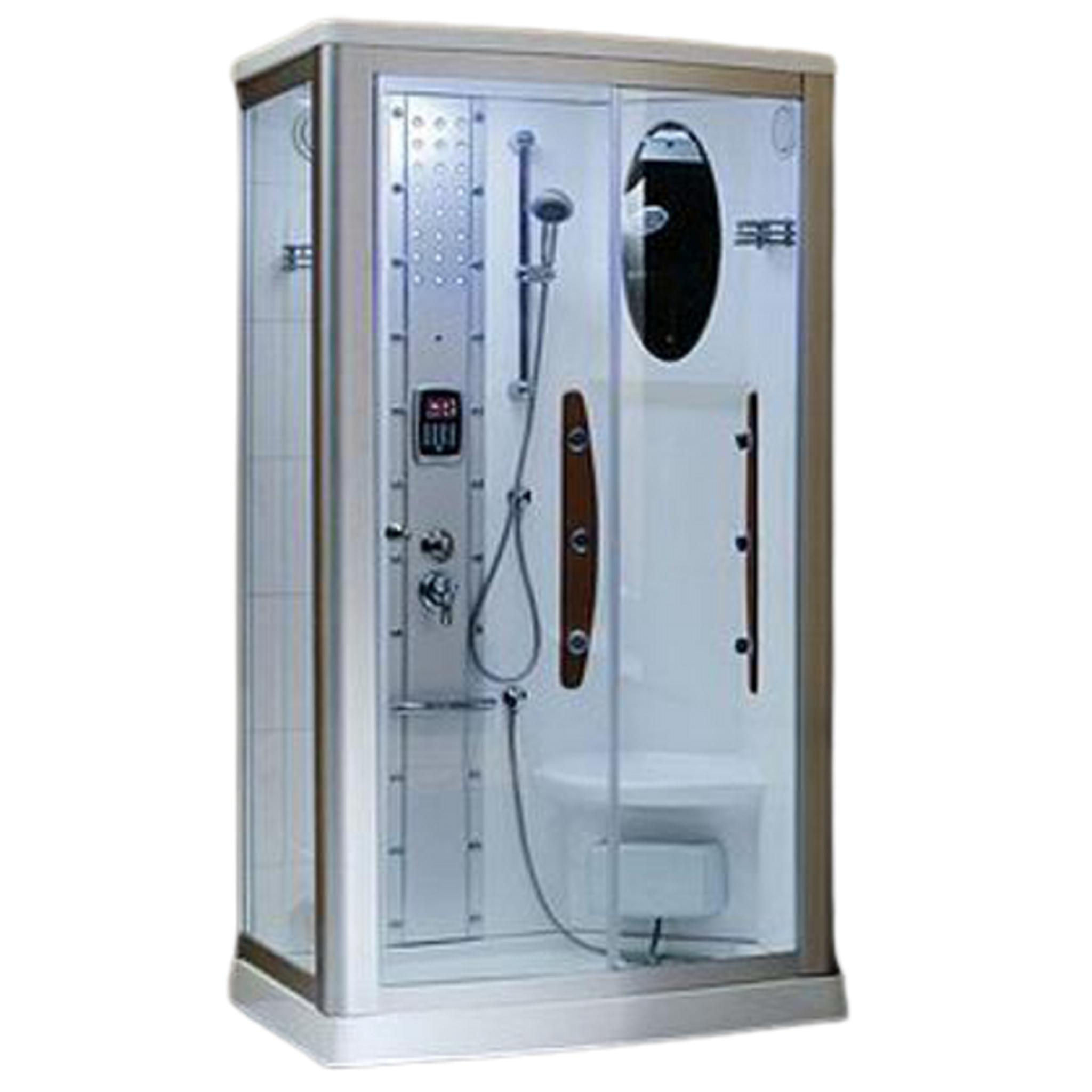 Mesa, Mesa 45" x 35" x 85" Clear Tempered Glass Freestanding Walk In Steam Shower With Right-Hand Control Panel Configuration, 3kW Steam Generator and 6-Acupuncture Water Body Jets