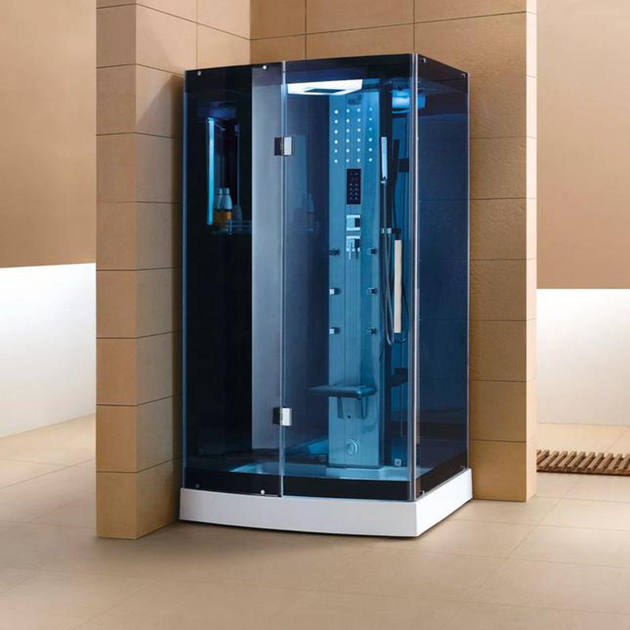 Mesa, Mesa 47" x 35" x 85" Blue Tempered Glass Freestanding Walk In Steam Shower With 3kW Steam Engine, 6 Acupuncture Water Body Jets and Ozone Sterilization System