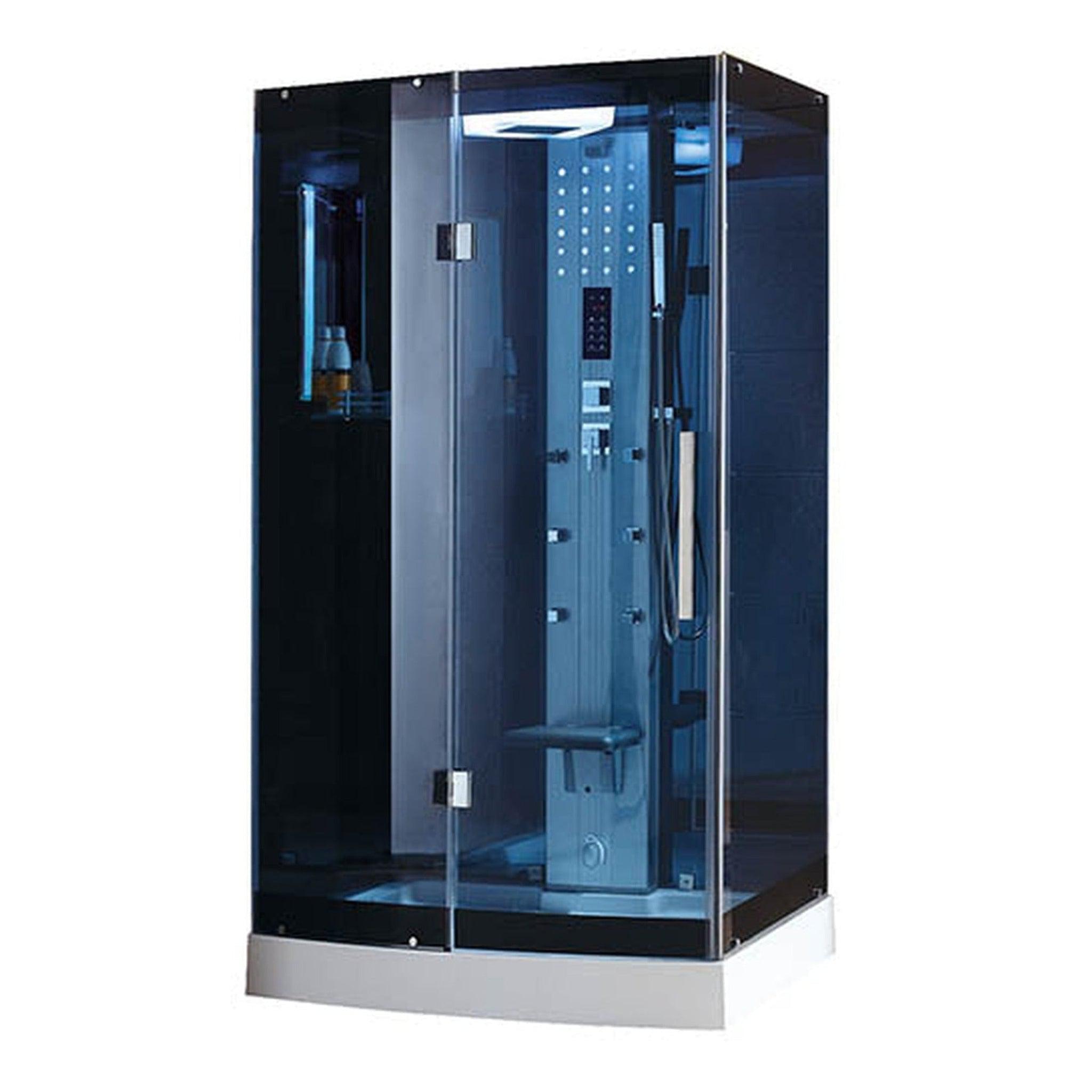 Mesa, Mesa 47" x 35" x 85" Blue Tempered Glass Freestanding Walk In Steam Shower With 3kW Steam Engine, 6 Acupuncture Water Body Jets and Ozone Sterilization System