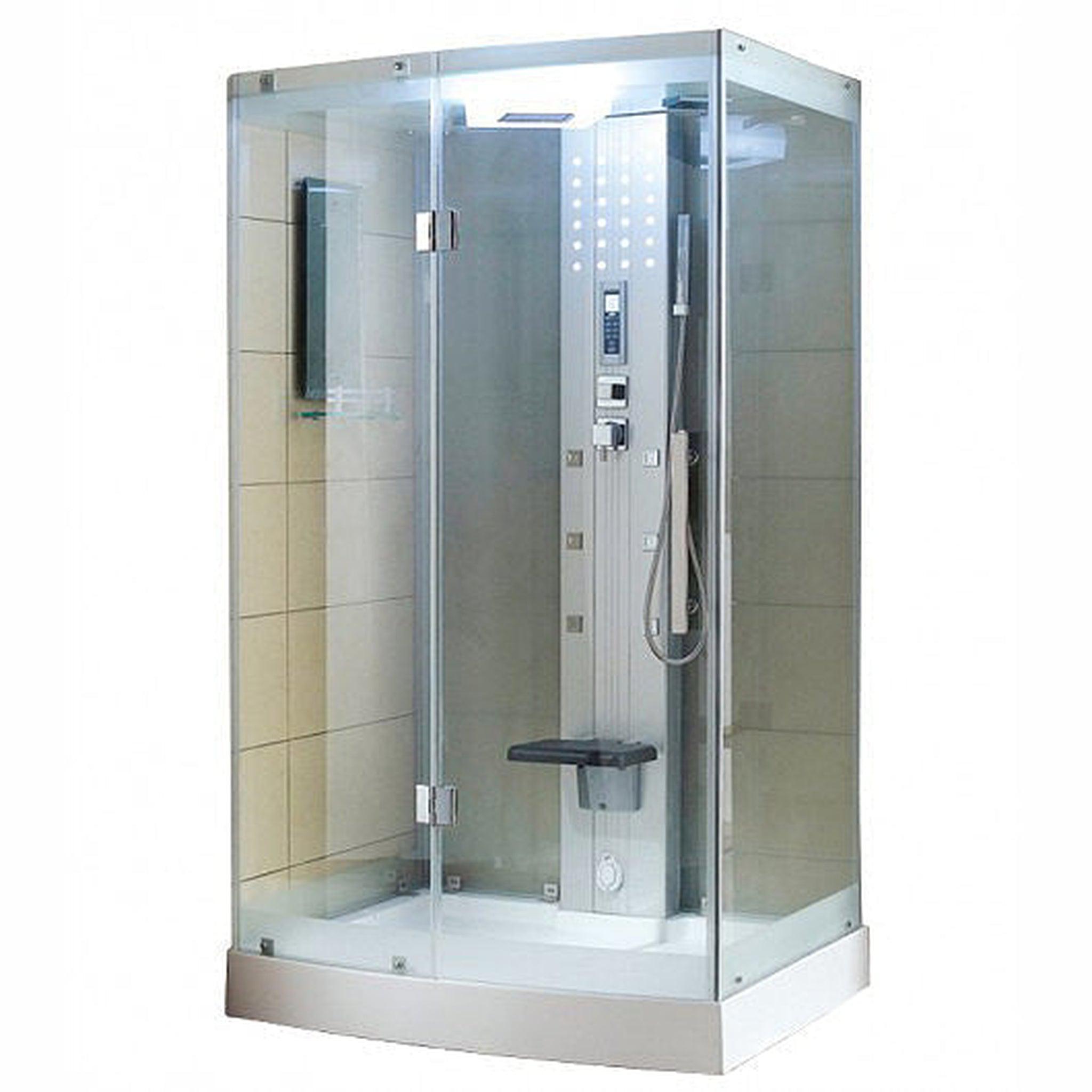 Mesa, Mesa 47" x 35" x 85" Clear Tempered Glass Freestanding Walk In Steam Shower With 3kW Steam Engine, 6 Acupuncture Water Body Jets and Ozone Sterilization System