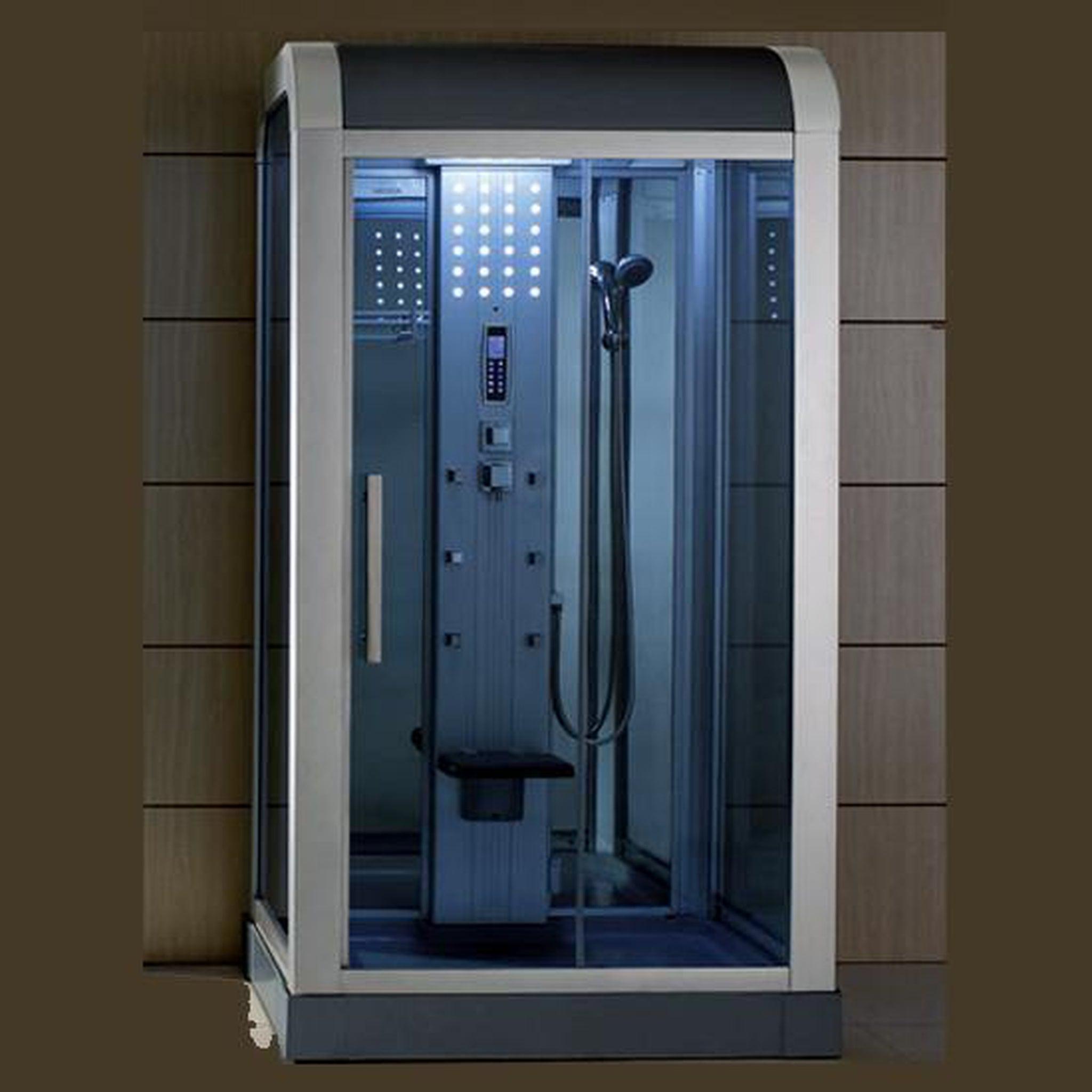 Mesa, Mesa 47" x 35" x 87" Blue Tempered Glass Gray Finish Exterior Freestanding Walk In Steam Shower With 3kW Steam Generator, 6 Acupuncture Water Body Jets and Ozone Sterilization System