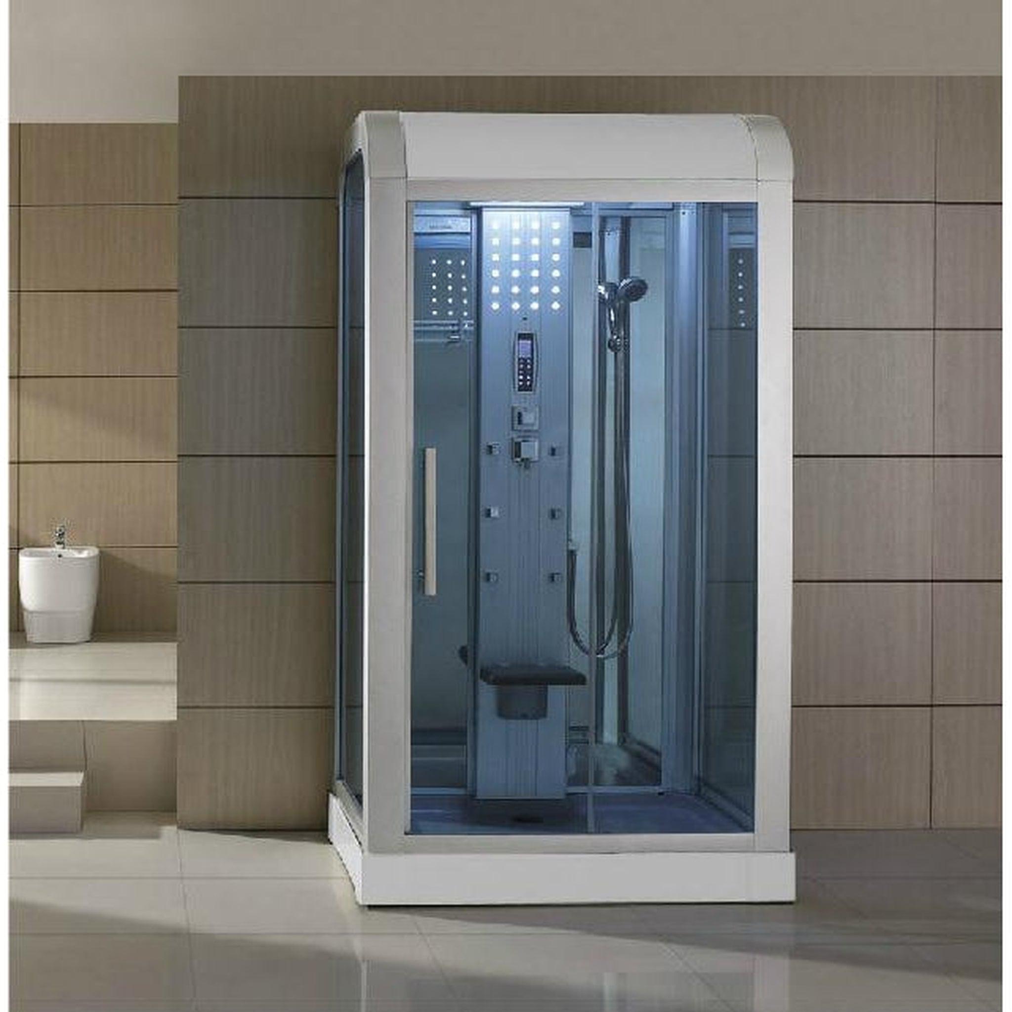 Mesa, Mesa 47" x 35" x 87" Blue Tempered Glass White Finish Exterior Freestanding Walk In Steam Shower With 3kW Steam Generator, 6 Acupuncture Water Body Jets and Ozone Sterilization System