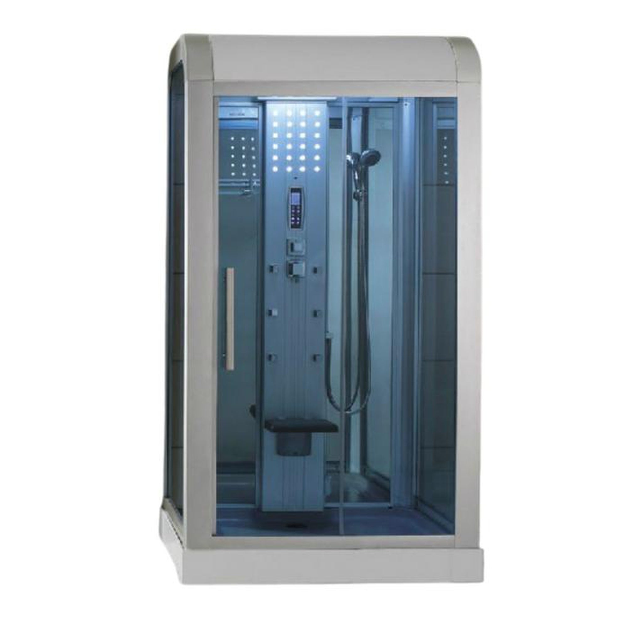 Mesa, Mesa 47" x 35" x 87" Blue Tempered Glass White Finish Exterior Freestanding Walk In Steam Shower With 3kW Steam Generator, 6 Acupuncture Water Body Jets and Ozone Sterilization System