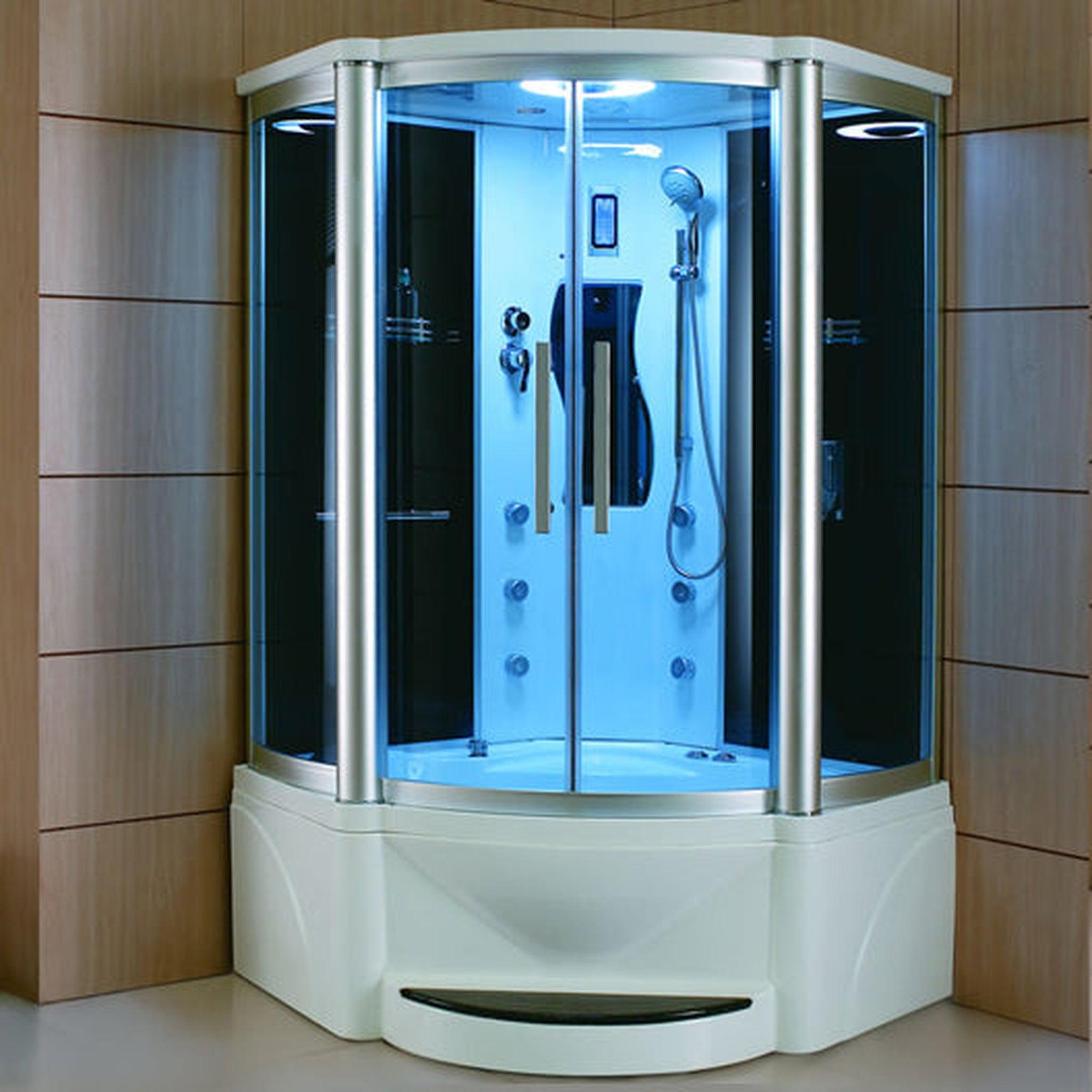 Mesa, Mesa 48” x 48” x 85” Blue Tempered Glass Corner Steam Shower With Jetted Tub Combo, 3kW High Output Steam Engine, 2-Acupuncture Jets and 6-Massage Jets