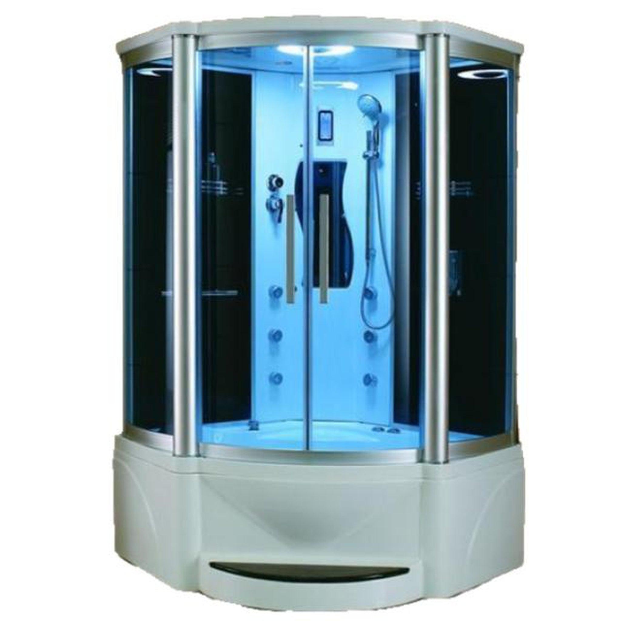 Mesa, Mesa 48” x 48” x 85” Blue Tempered Glass Corner Steam Shower With Jetted Tub Combo, 3kW High Output Steam Engine, 2-Acupuncture Jets and 6-Massage Jets