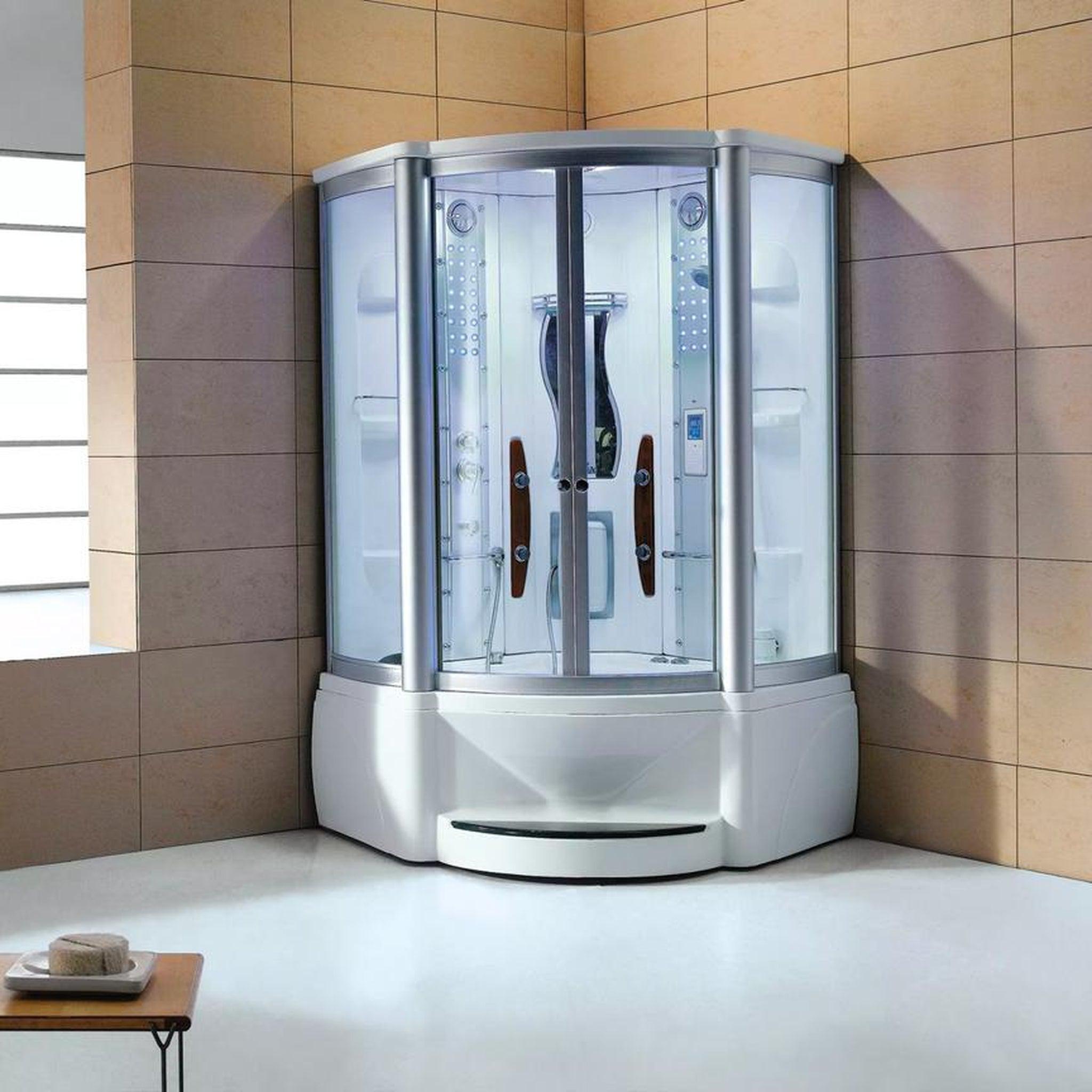 Mesa, Mesa 48” x 48” x 85” Clear Tempered Glass Corner Steam Shower With Jetted Tub Combo, 3KW High Output Steam Engine, 2 Acupuncture Jets and 6 Massage Jets