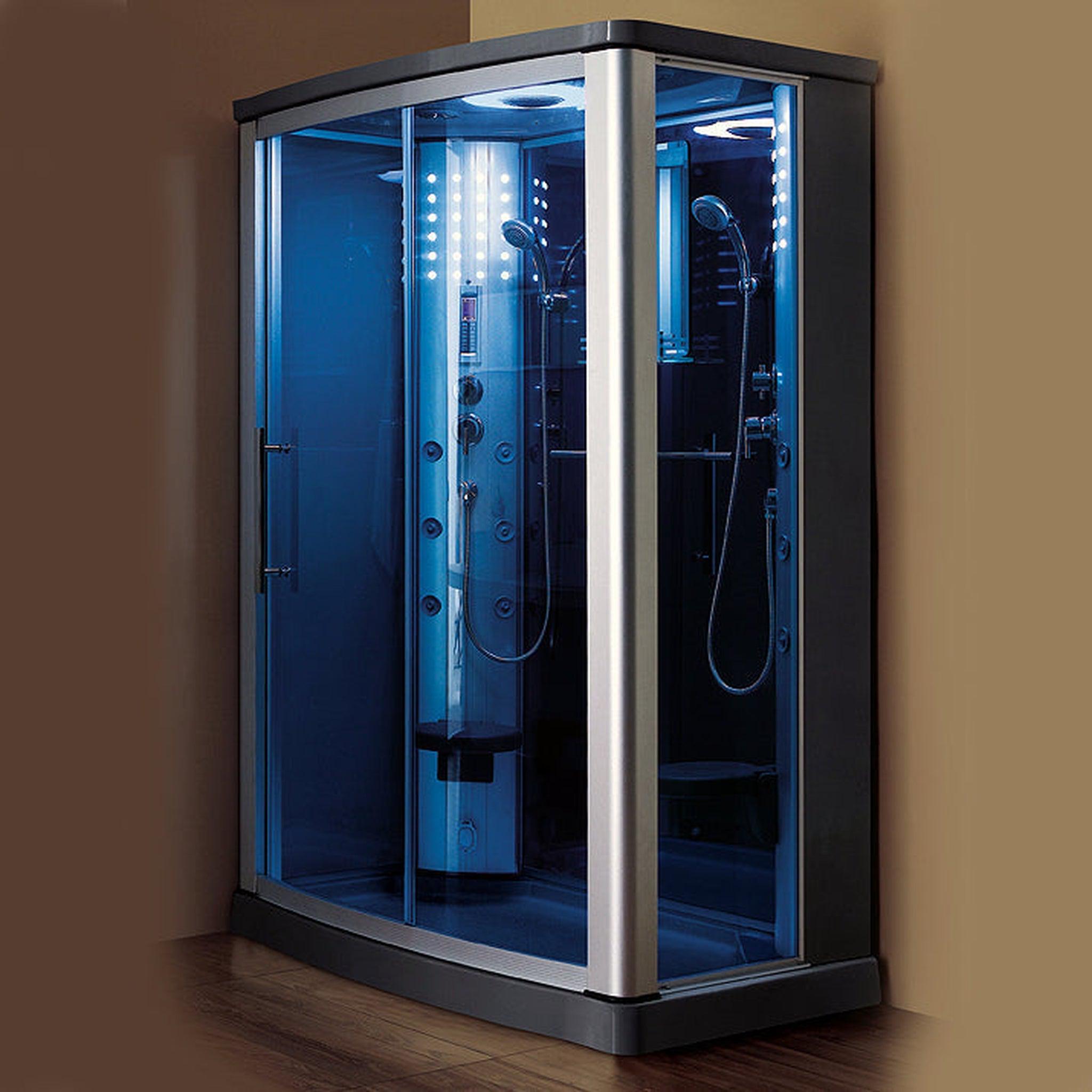 Mesa, Mesa 54" x 35" x 85" Blue Tempered Glass Freestanding Walk In Steam Shower With Left-Side Door Configuration, 3kW Steam Generator and 12 Acupuncture Water Body Jets