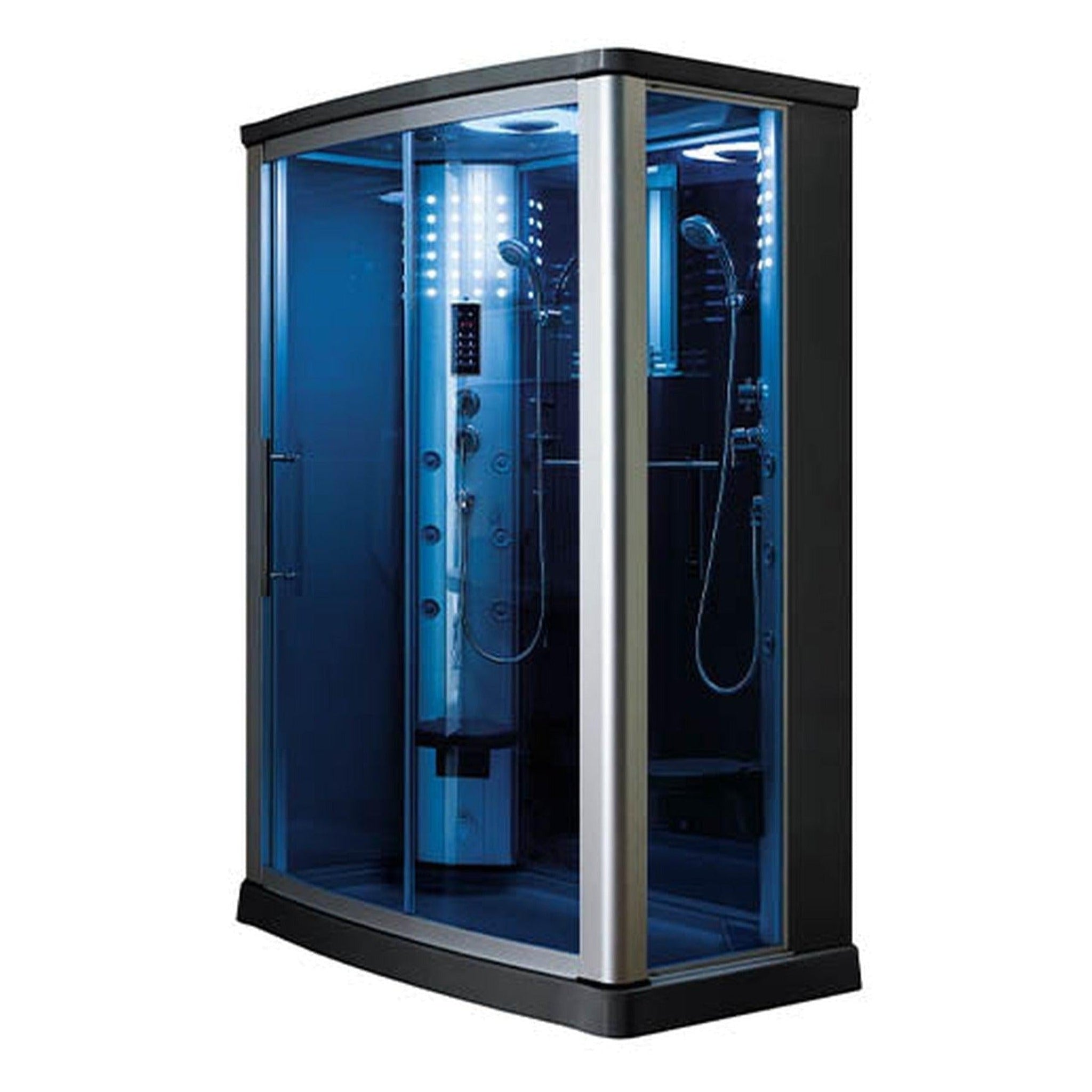 Mesa, Mesa 54" x 35" x 85" Blue Tempered Glass Freestanding Walk In Steam Shower With Left-Side Door Configuration, 3kW Steam Generator and 12 Acupuncture Water Body Jets