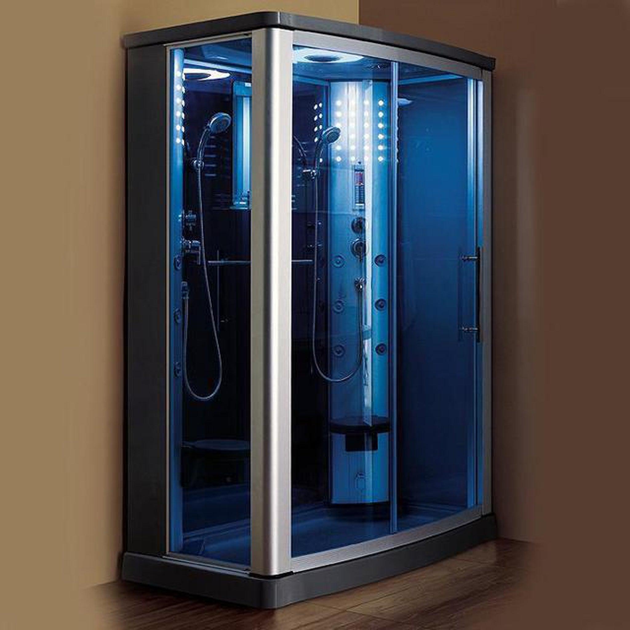 Mesa, Mesa 54" x 35" x 85" Blue Tempered Glass Freestanding Walk In Steam Shower With Right-Side Door Configuration, 3kW Steam Generator and 12 Acupuncture Water Body Jets