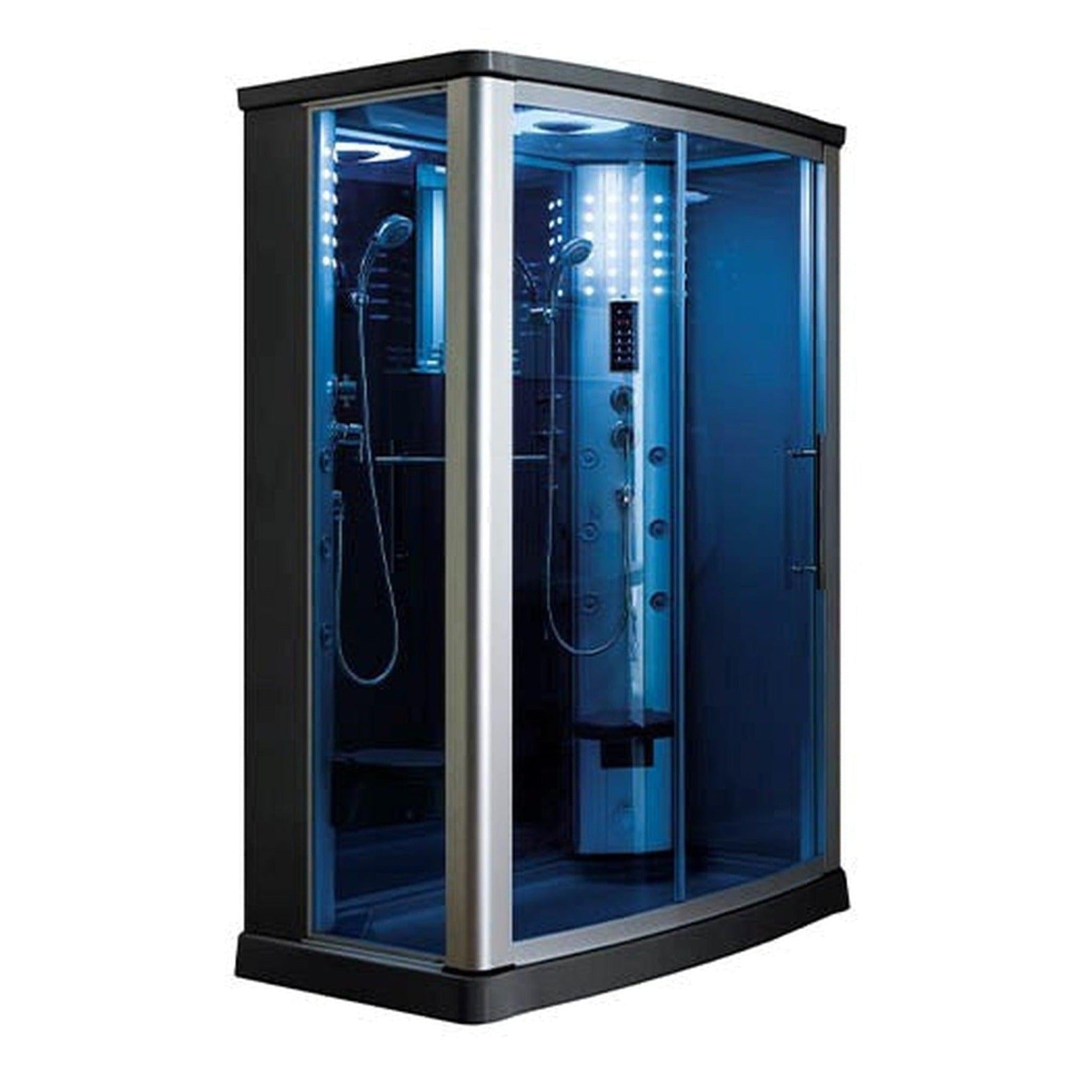 Mesa, Mesa 54" x 35" x 85" Blue Tempered Glass Freestanding Walk In Steam Shower With Right-Side Door Configuration, 3kW Steam Generator and 12 Acupuncture Water Body Jets