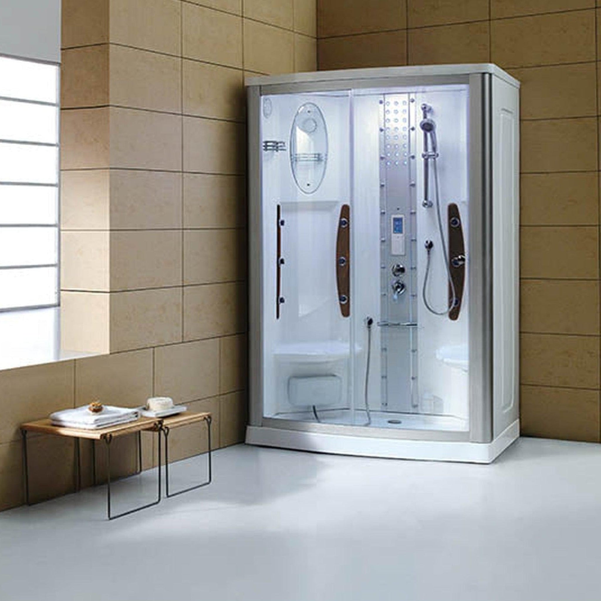 Mesa, Mesa 54" x 35" x 85" Clear Tempered Glass Freestanding Walk In Steam Shower With Left-Side Door Configuration, 3kW Steam Generator and 12 Acupuncture Water Body Jets