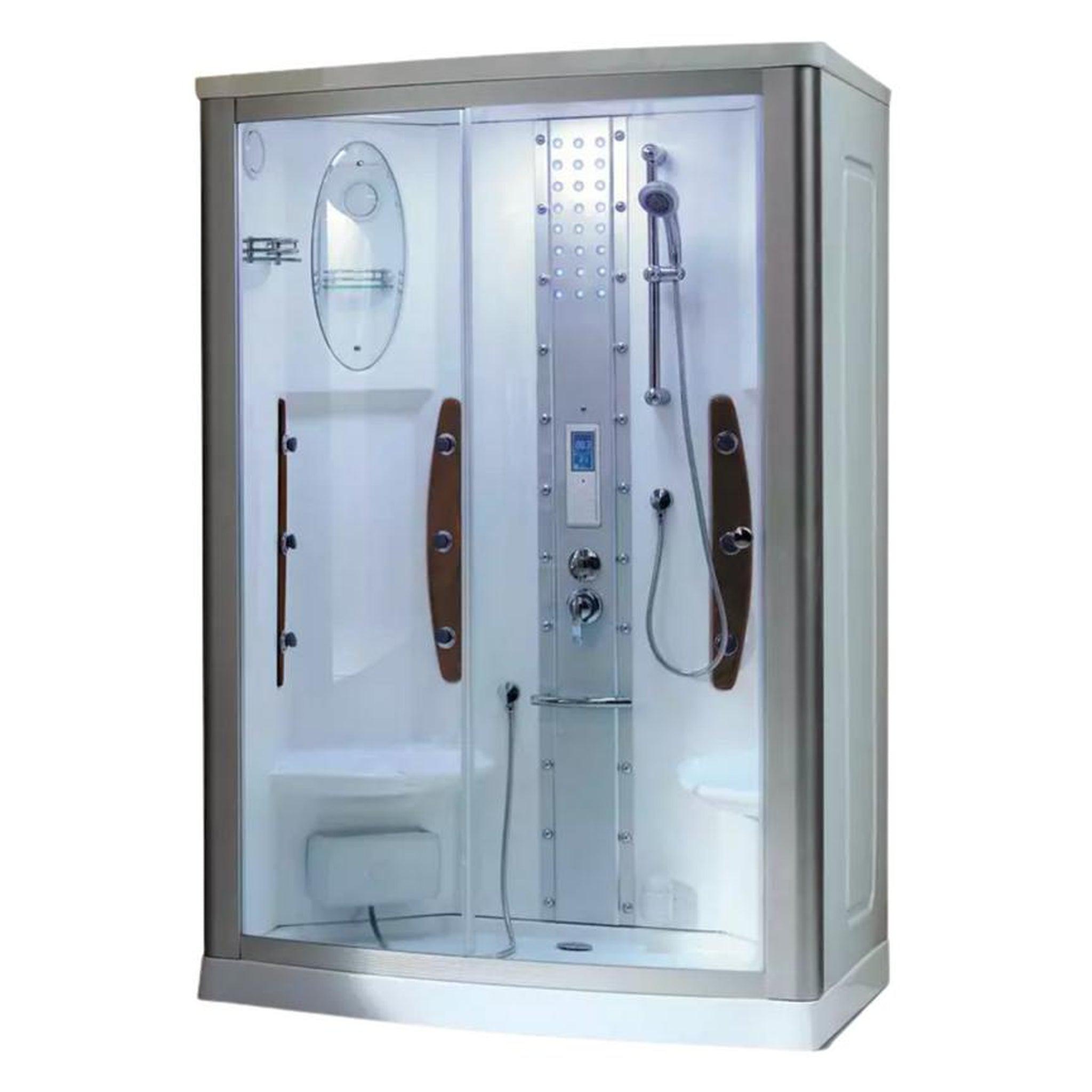 Mesa, Mesa 54" x 35" x 85" Clear Tempered Glass Freestanding Walk In Steam Shower With Left-Side Door Configuration, 3kW Steam Generator and 12 Acupuncture Water Body Jets