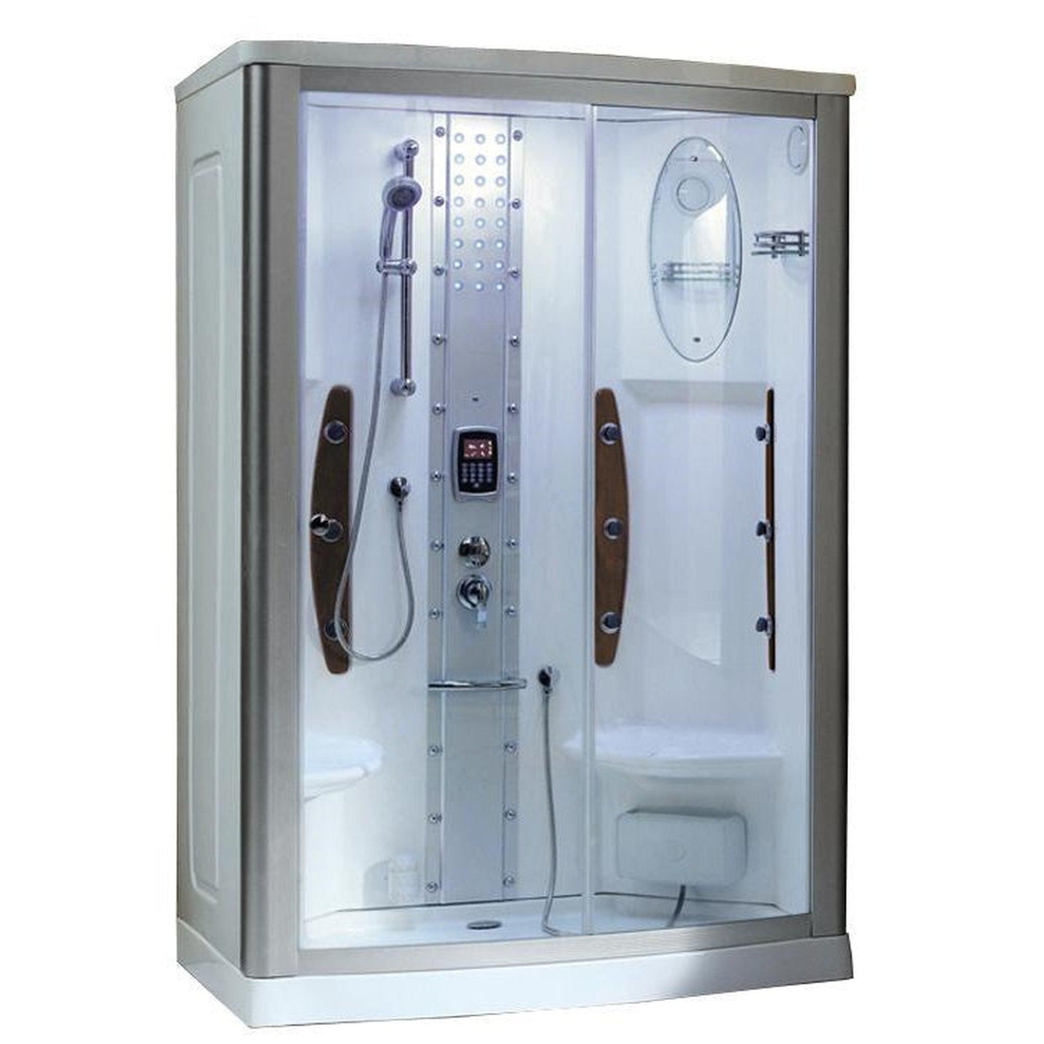 Mesa, Mesa 54" x 35" x 85" Clear Tempered Glass Freestanding Walk In Steam Shower With Right-Side Door Configuration, 3kW Steam Generator and 12 Acupuncture Water Body Jets