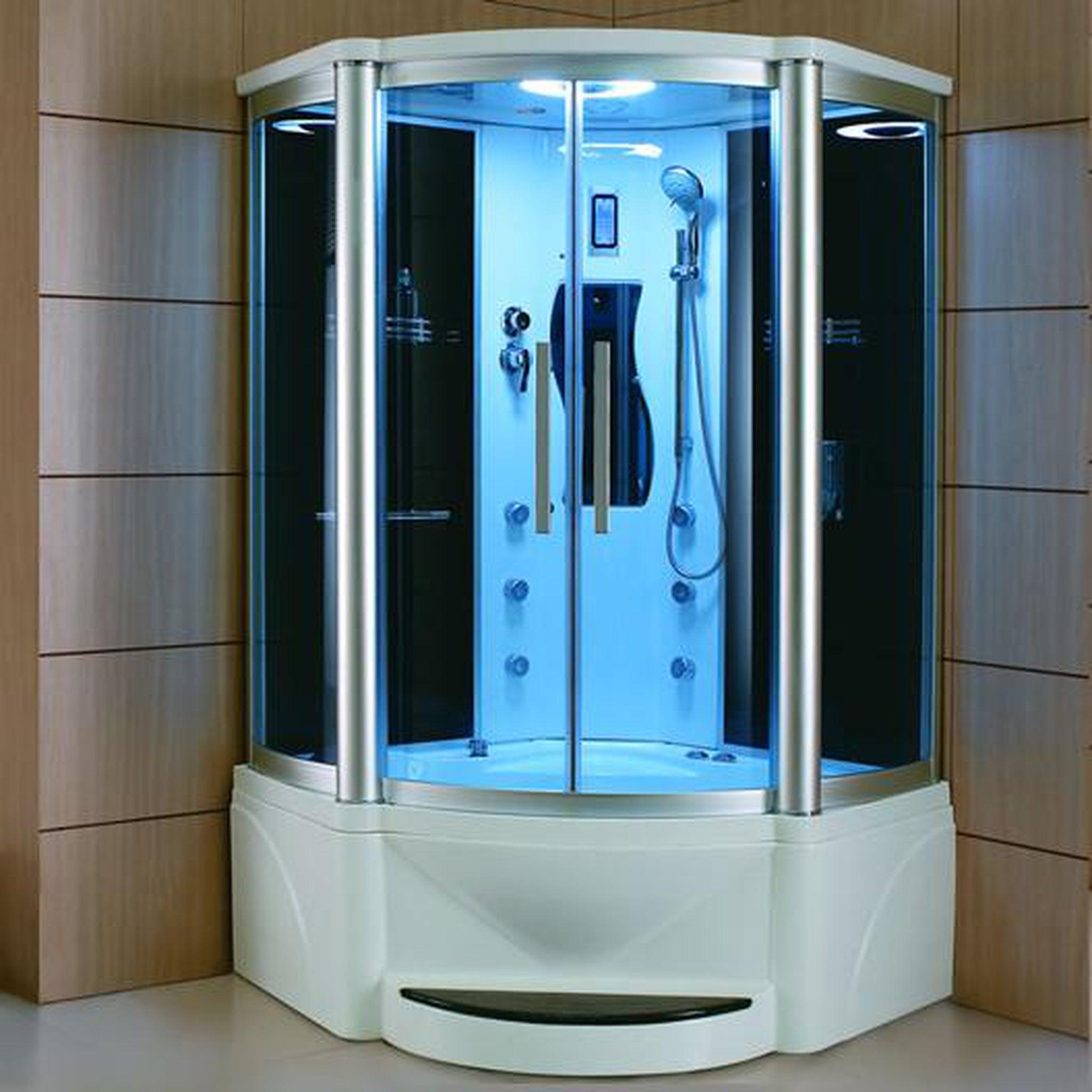 Mesa, Mesa 55" x 55" x 87" Blue Tempered Glass Combination Steam Shower Jetted Tub With 3kW Steam Generator, 6 Acupuncture Jets and 6 Whirlpool Jets