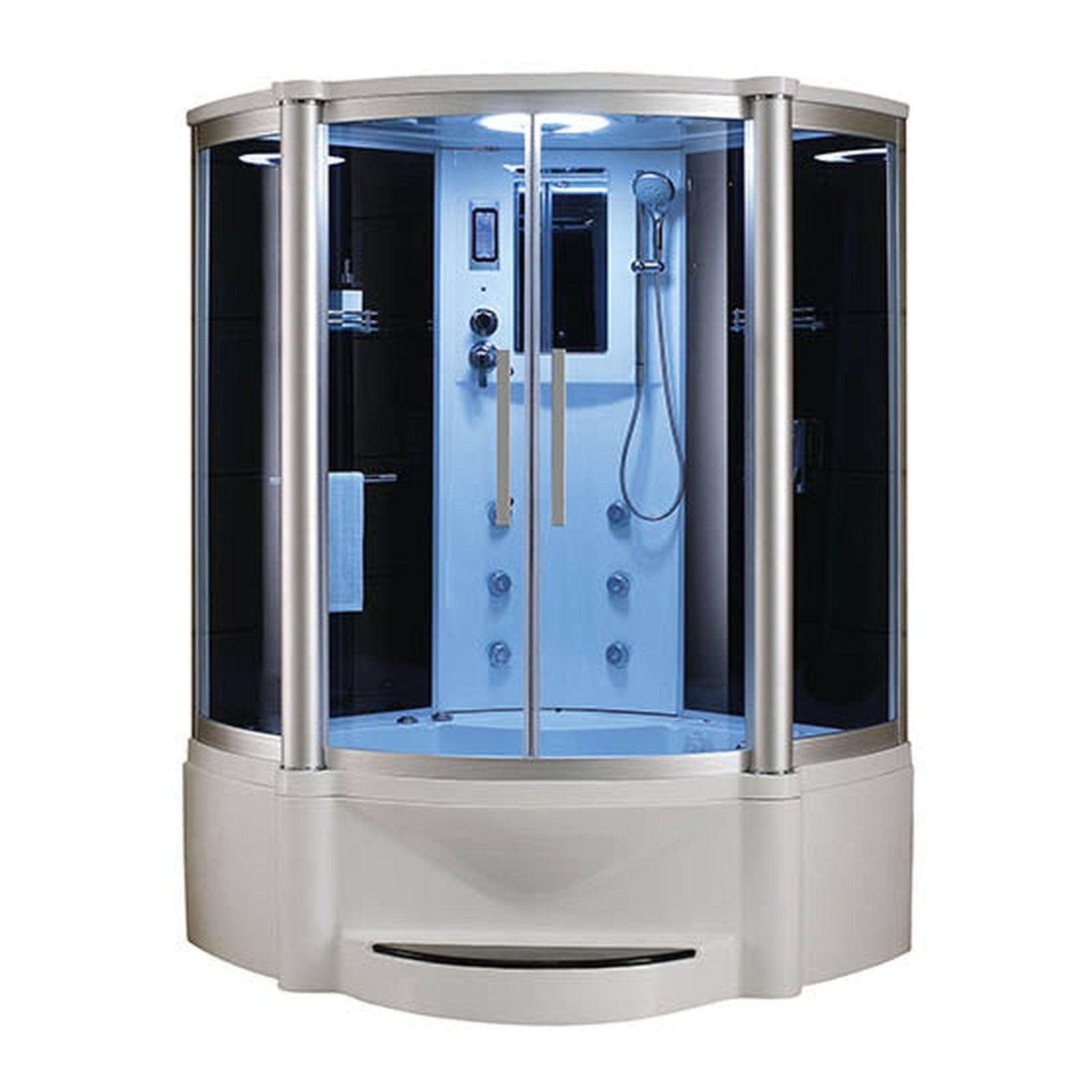 Mesa, Mesa 55" x 55" x 87" Blue Tempered Glass Combination Steam Shower Jetted Tub With 3kW Steam Generator, 6 Acupuncture Jets and 6 Whirlpool Jets