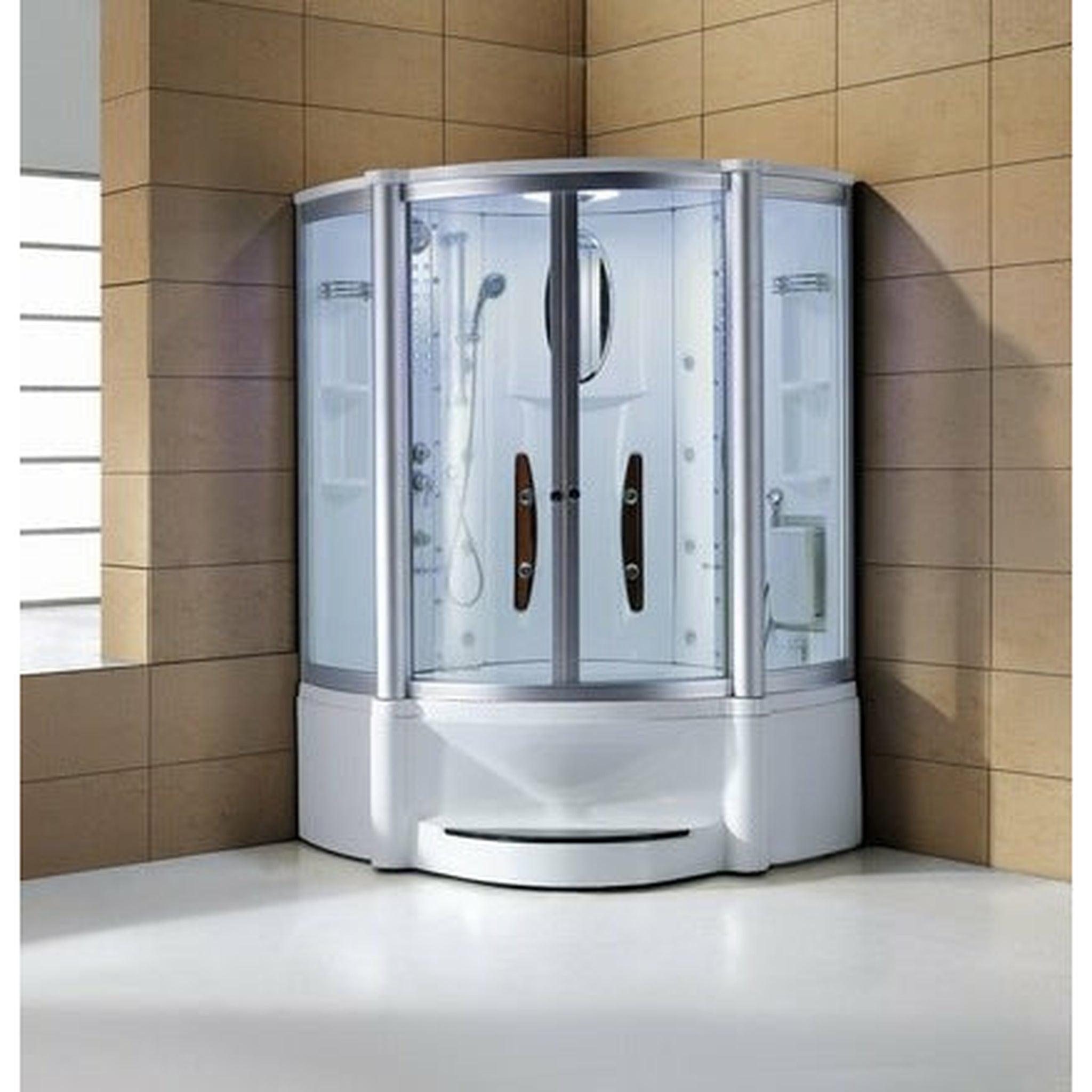 Mesa, Mesa 55" x 55" x 87" Clear Tempered Glass Combination Steam Shower Jetted Tub With 3kW Steam Generator, 6 Acupuncture Jets and 6 Whirlpool Jets