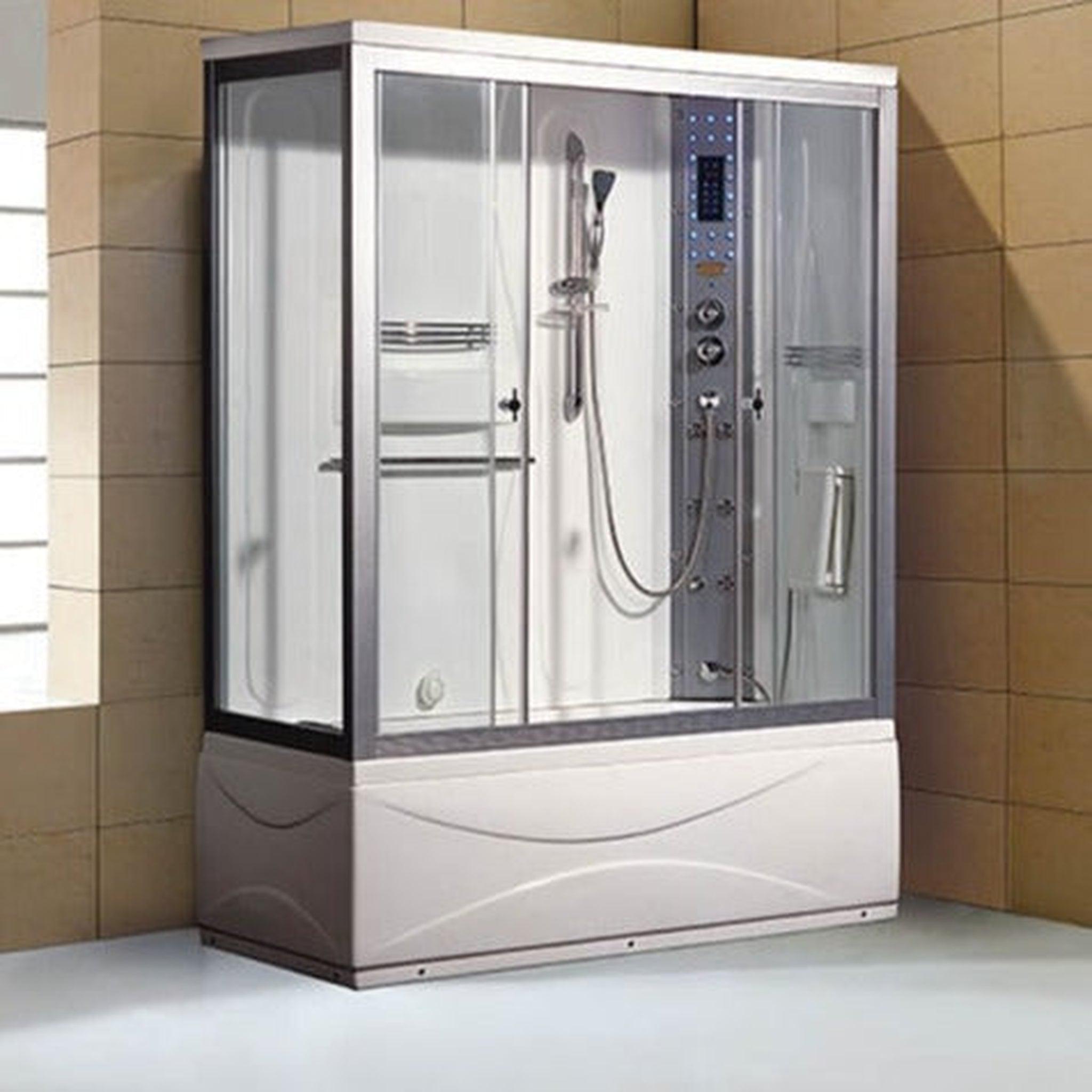 Mesa, Mesa 60" x 33" x 85" Clear Tempered Glass Freestanding Combination Steam Shower With Jetted Tub, Right-Side Control Panel Configuration, 3kW Steam Generator and 12 Acupuncture Water Body Jets