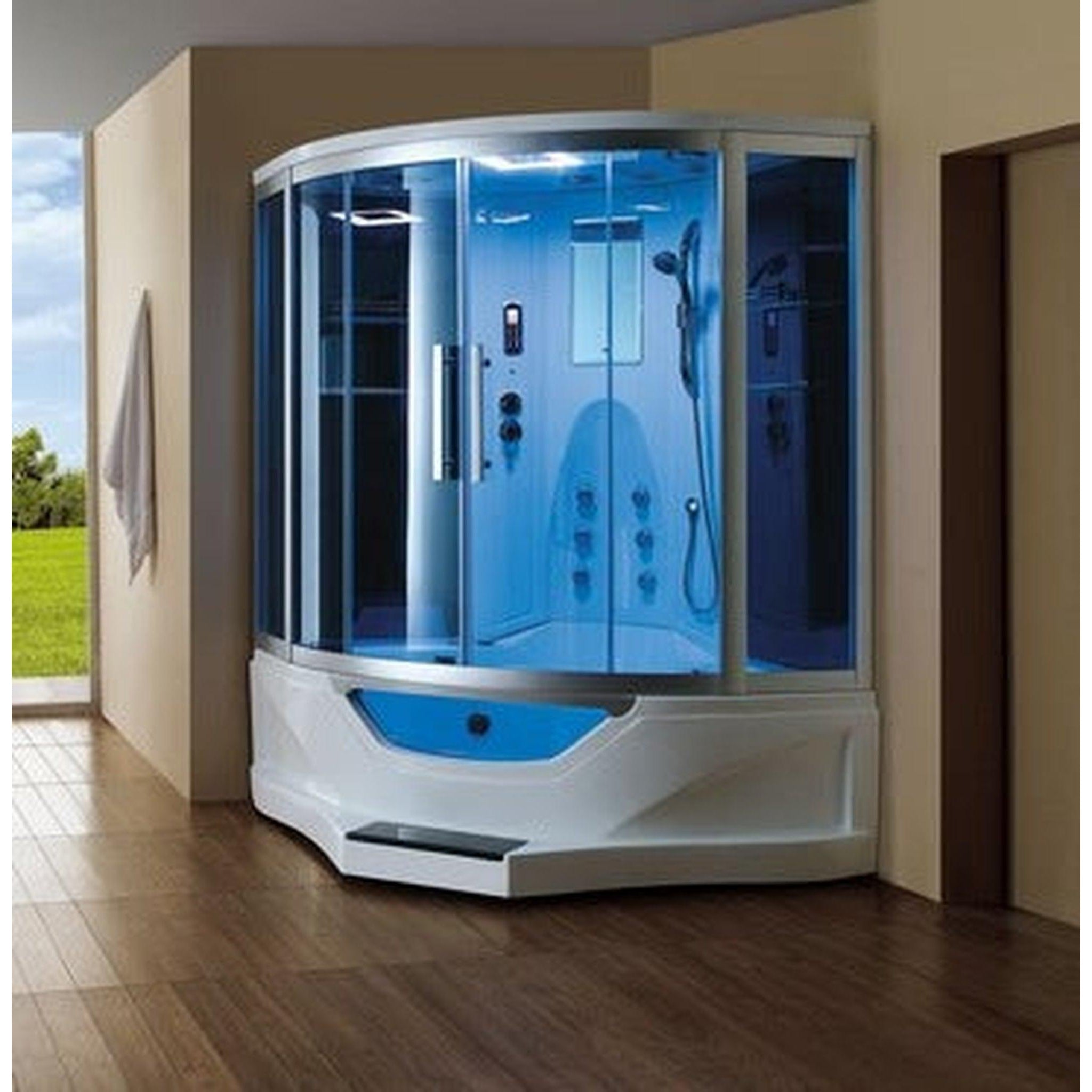 Mesa, Mesa 61" x 61" x 89" Blue Tempered Glass Corner Combination Steam Shower Jetted Tub Combo With 3kW High Output Steam Engine, 6 Acupuncture Jets and 6 Whirlpool Jets